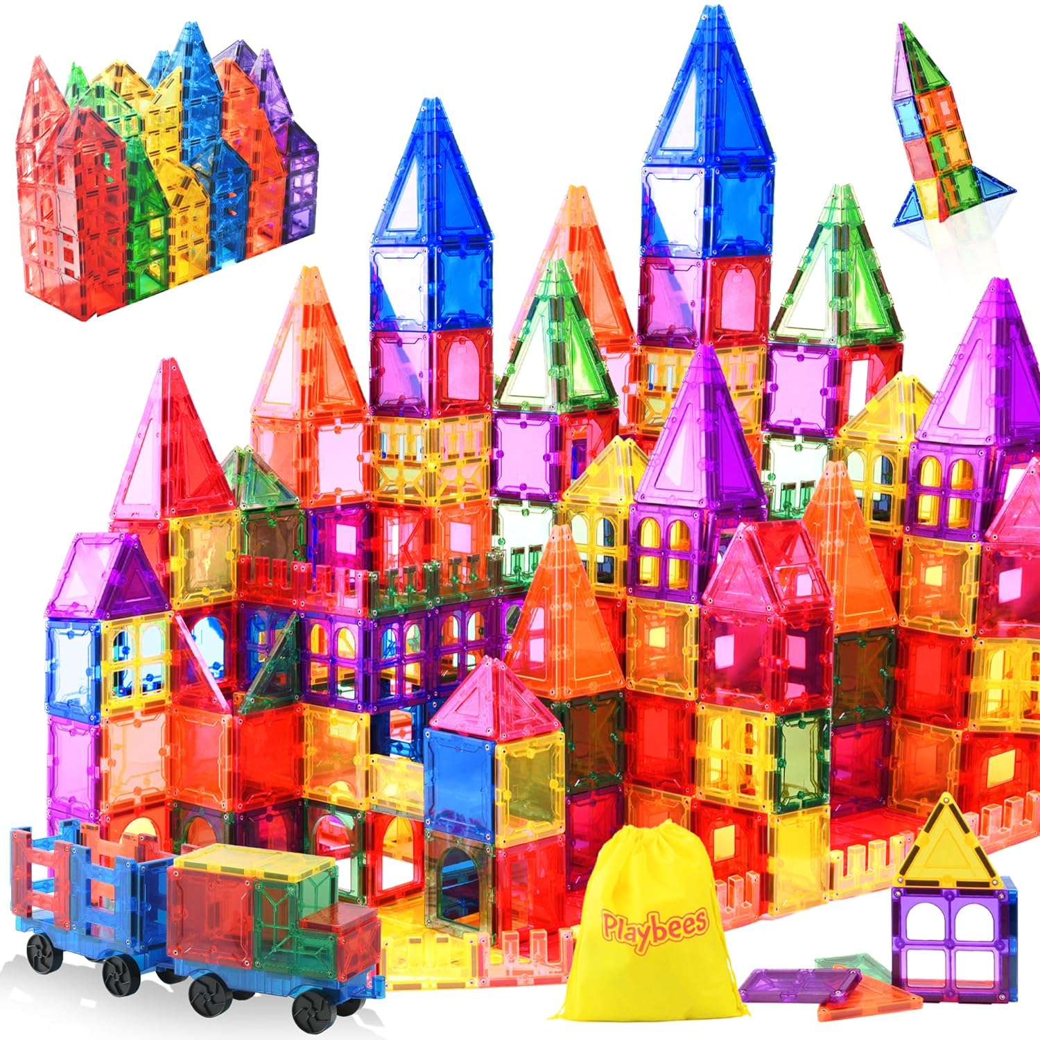 Playbees Magnetic Building Tiles 100 Piece Set - Magnet Tiles for Kids Ages 4-8, Building Block Set for Boys and Girls, Toddlers Stem Educational Learning Development Toys