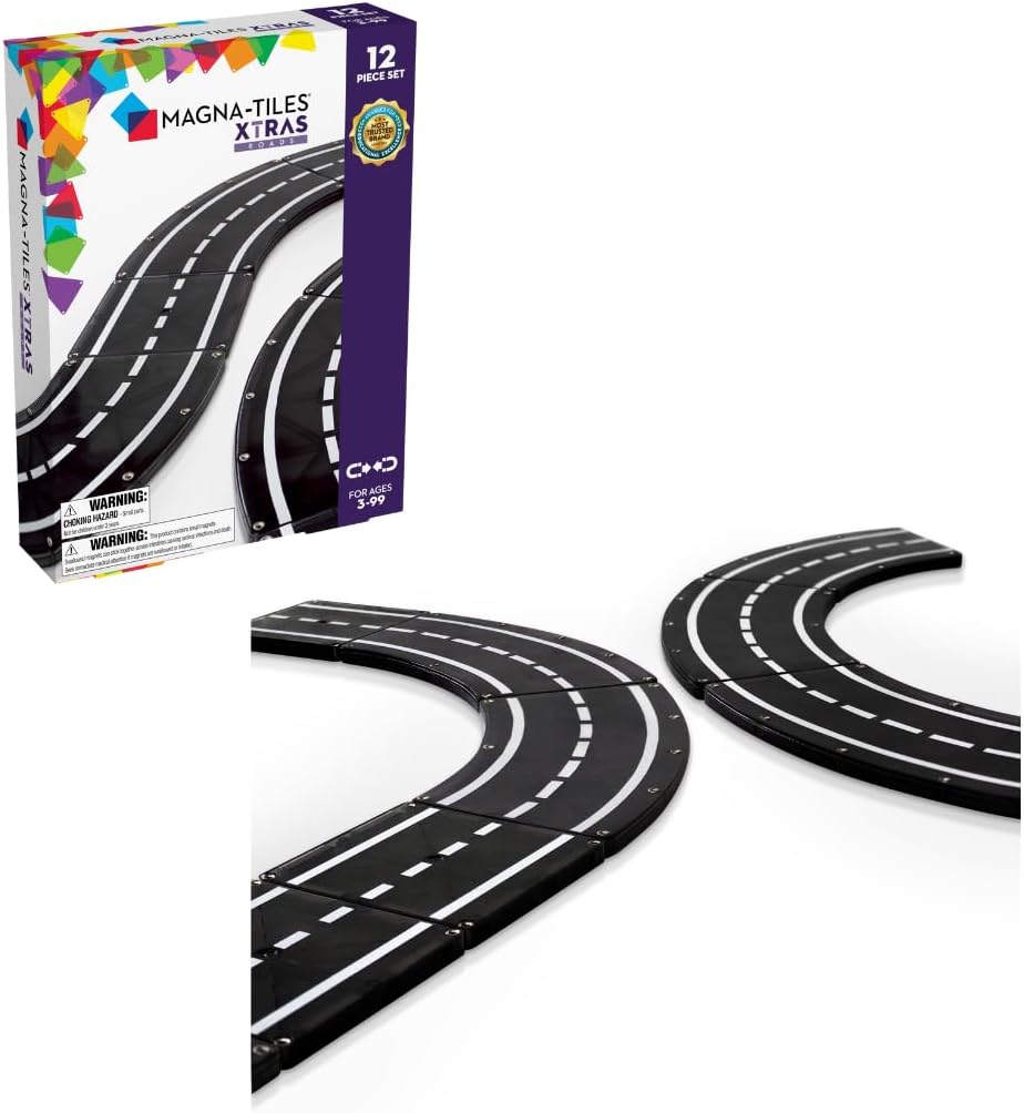 MAGNA-TILES XTRAS: Roads 12 Piece Magnetic Construction Set, The ORIGINAL Magnetic Building Brand