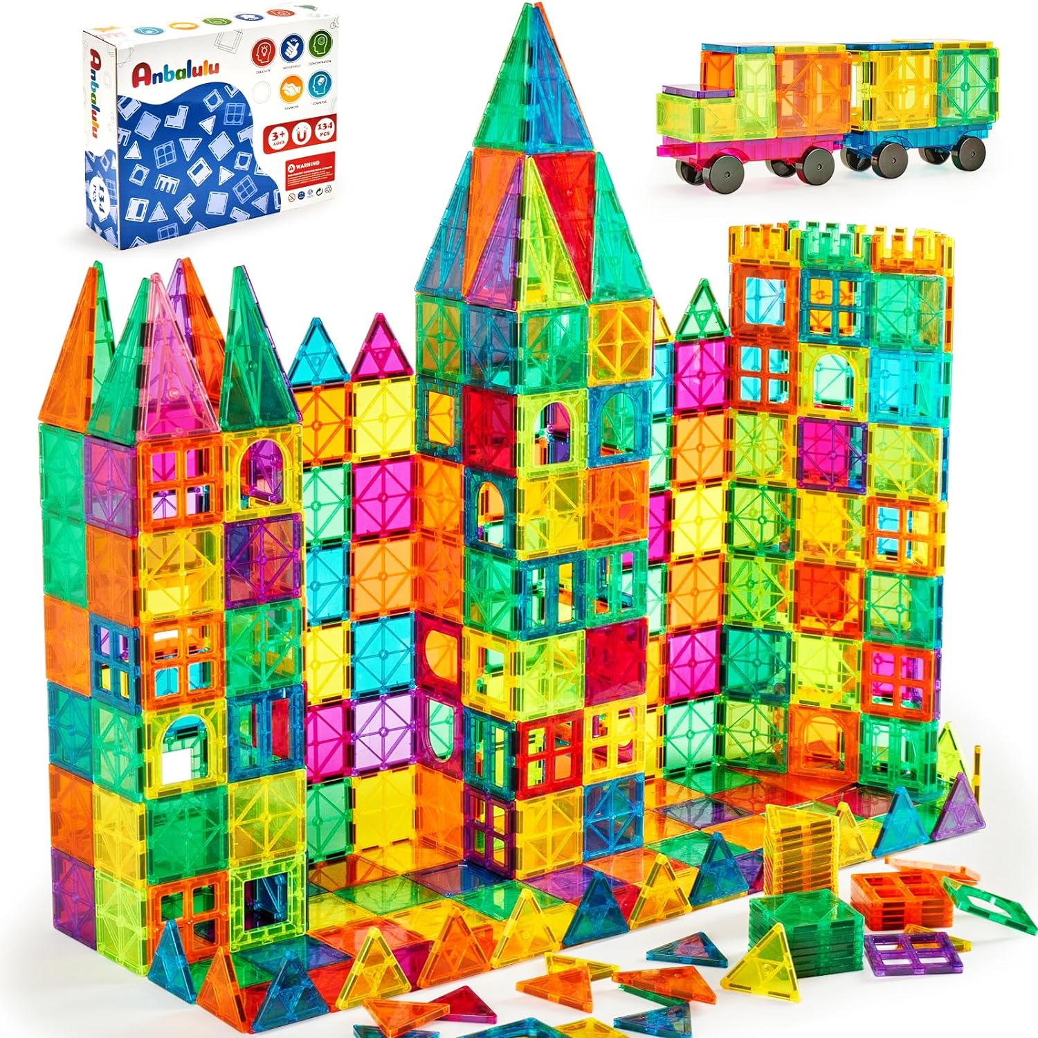 Anbalulu Magnetic Building Tiles, 134PCS Large Magnet Building Set,Magnetic Blocks, 3D STEM Stacking Toys, Magnets Toy for Kids Boys Girls