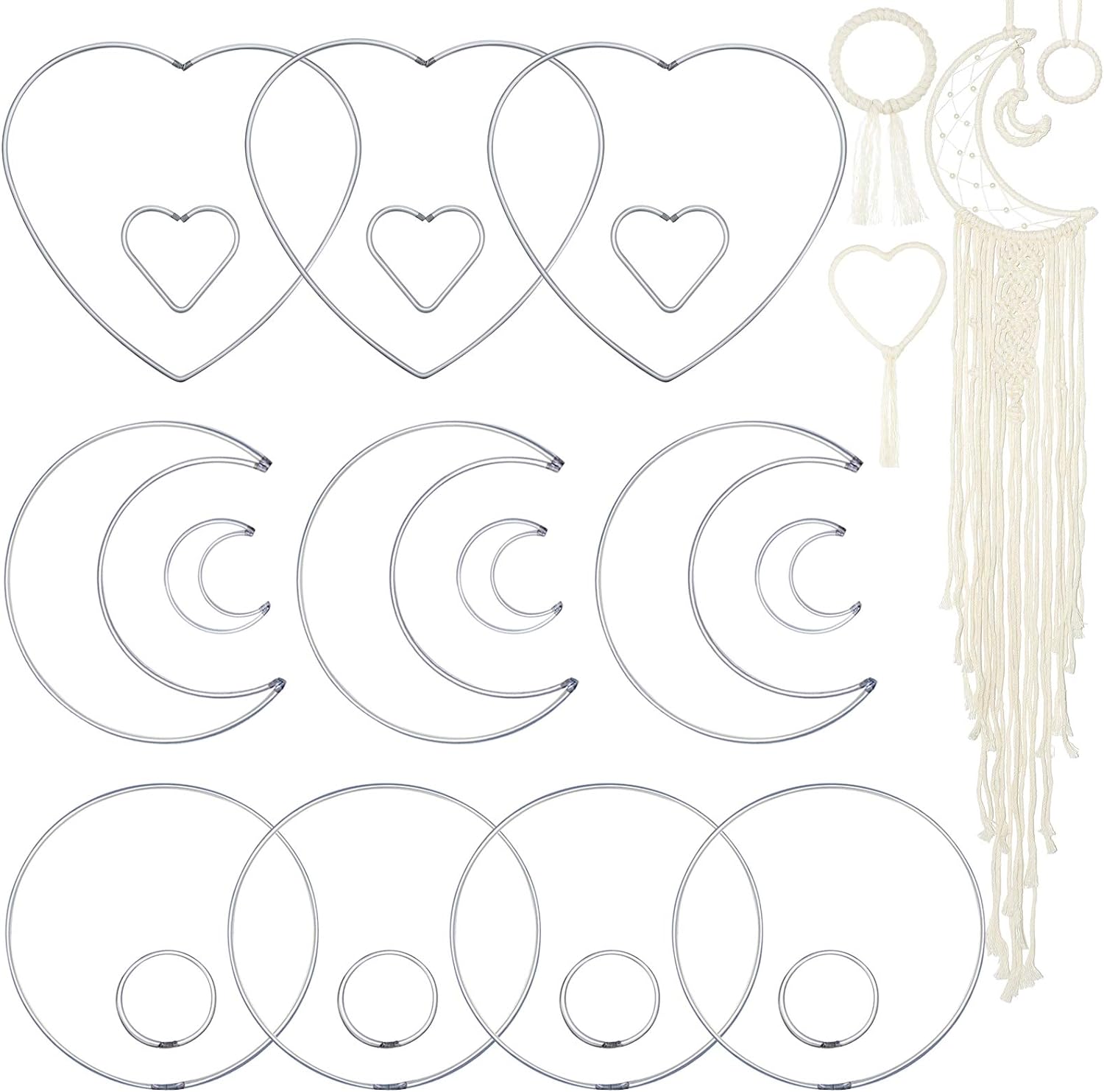 20 Pieces Metal Dream Catcher Rings Circle Heart Moon Shaped Catcher Rings Macrame Hoop Rings for DIY Crafts Wedding Wreath Wall Hanging Decor