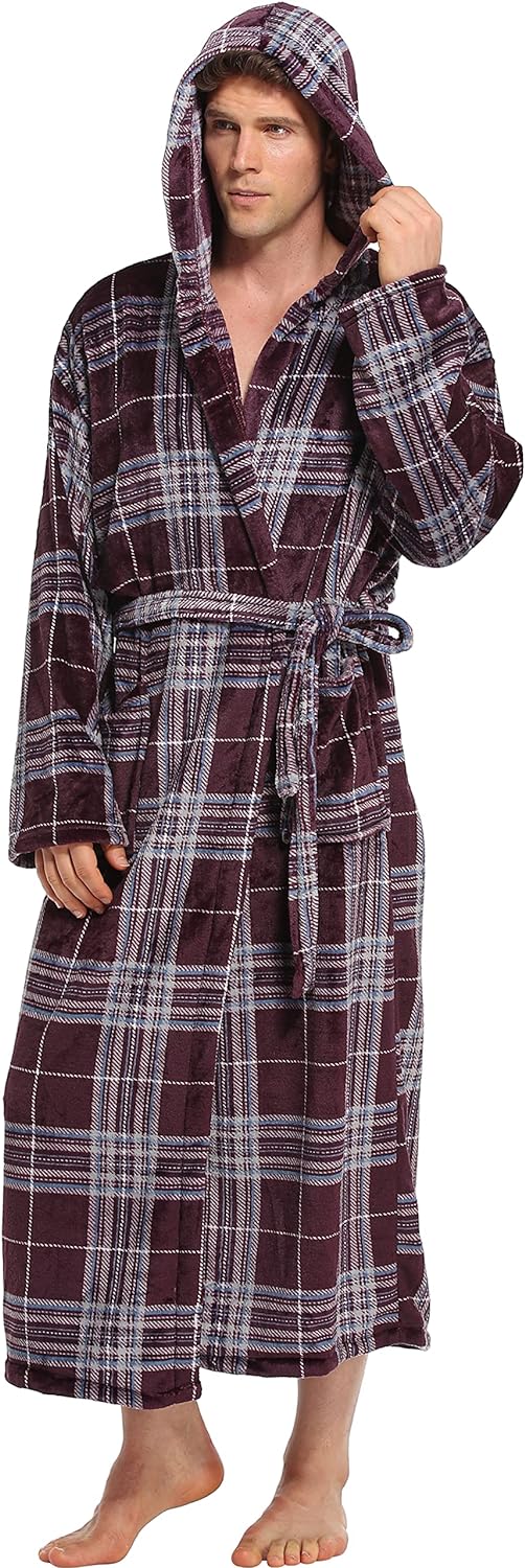 iFigure Mens Hooded Robe Plush Flannel Fleece Full Length Bathrobe Warm House Coat