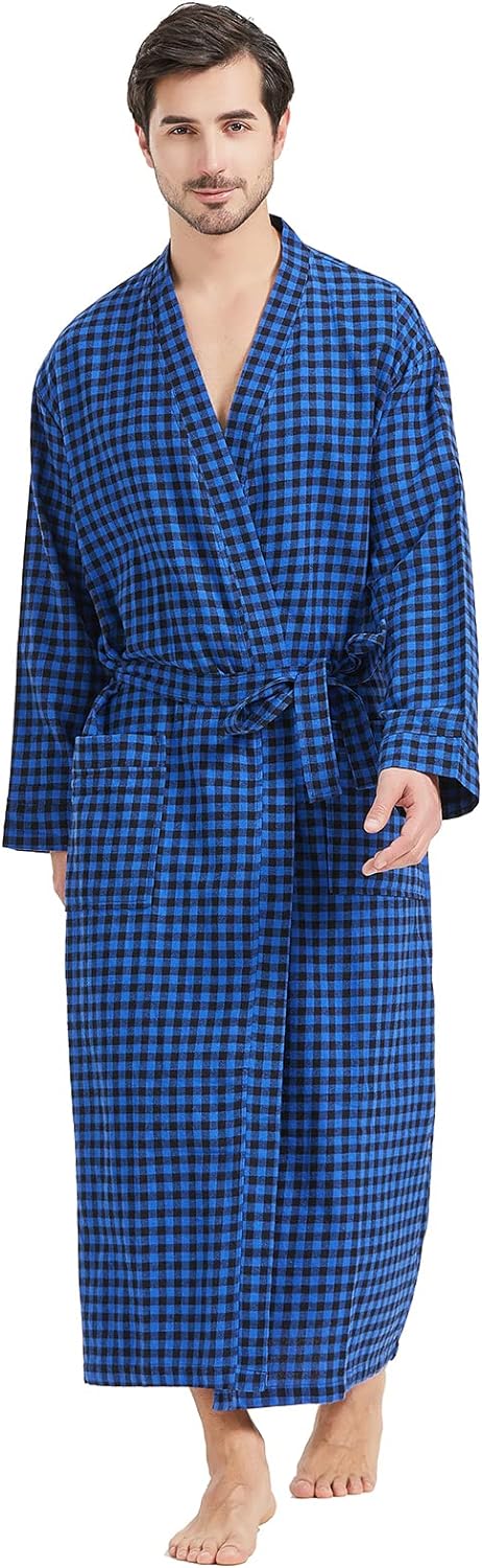 FashGudim Mens Buffalo Plaid 100% Cotton Flannel Shawl Collar Robe Lightweight Full Length Bathrobe Loungewear House Robes