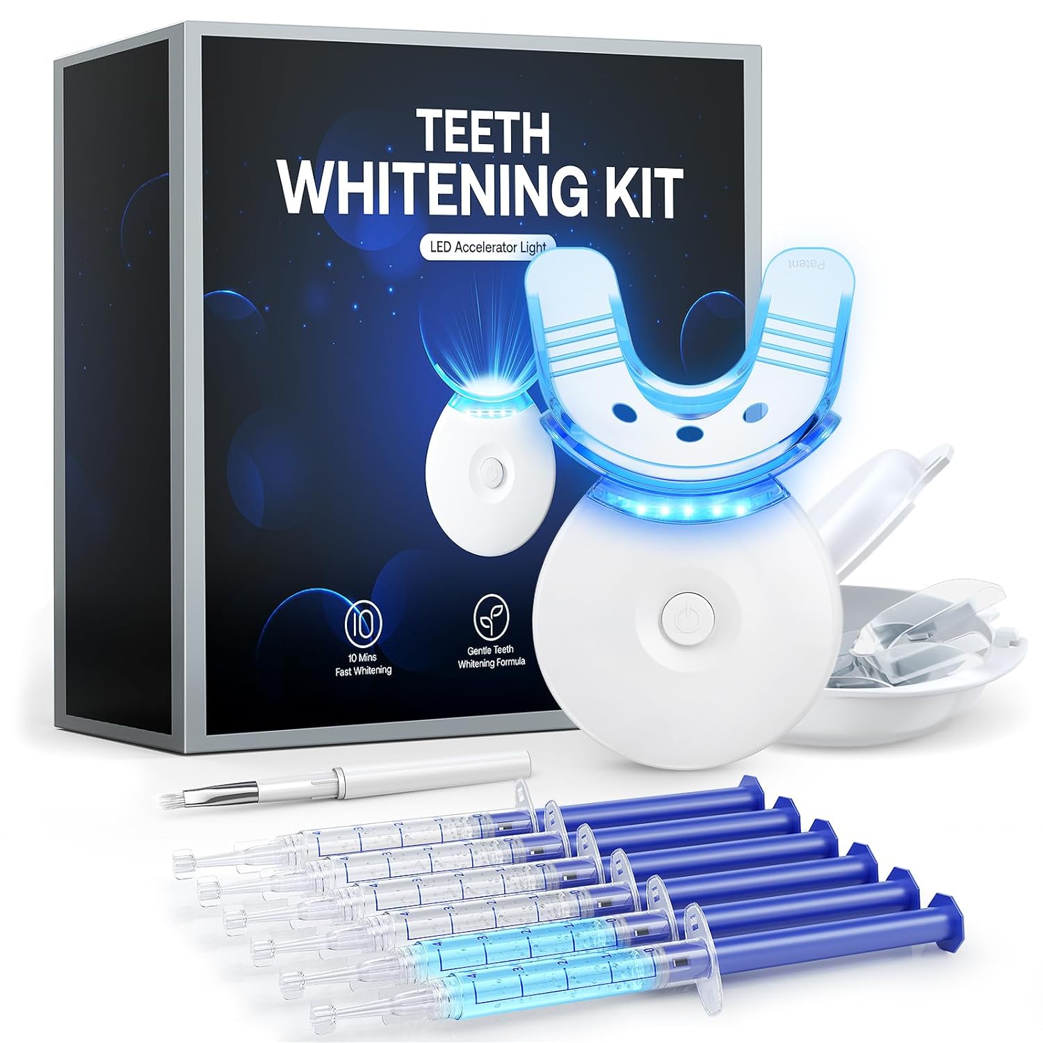 Teeth Whitening Kit, LED Teeth Whitening Light with 6 X 3ml Carbamide Peroxide Teeth Whitening Gel, Included 2 Mouth Trays & Tray Case and Brush, Safe Enamel, Fast and Gentle Teeth Whitening