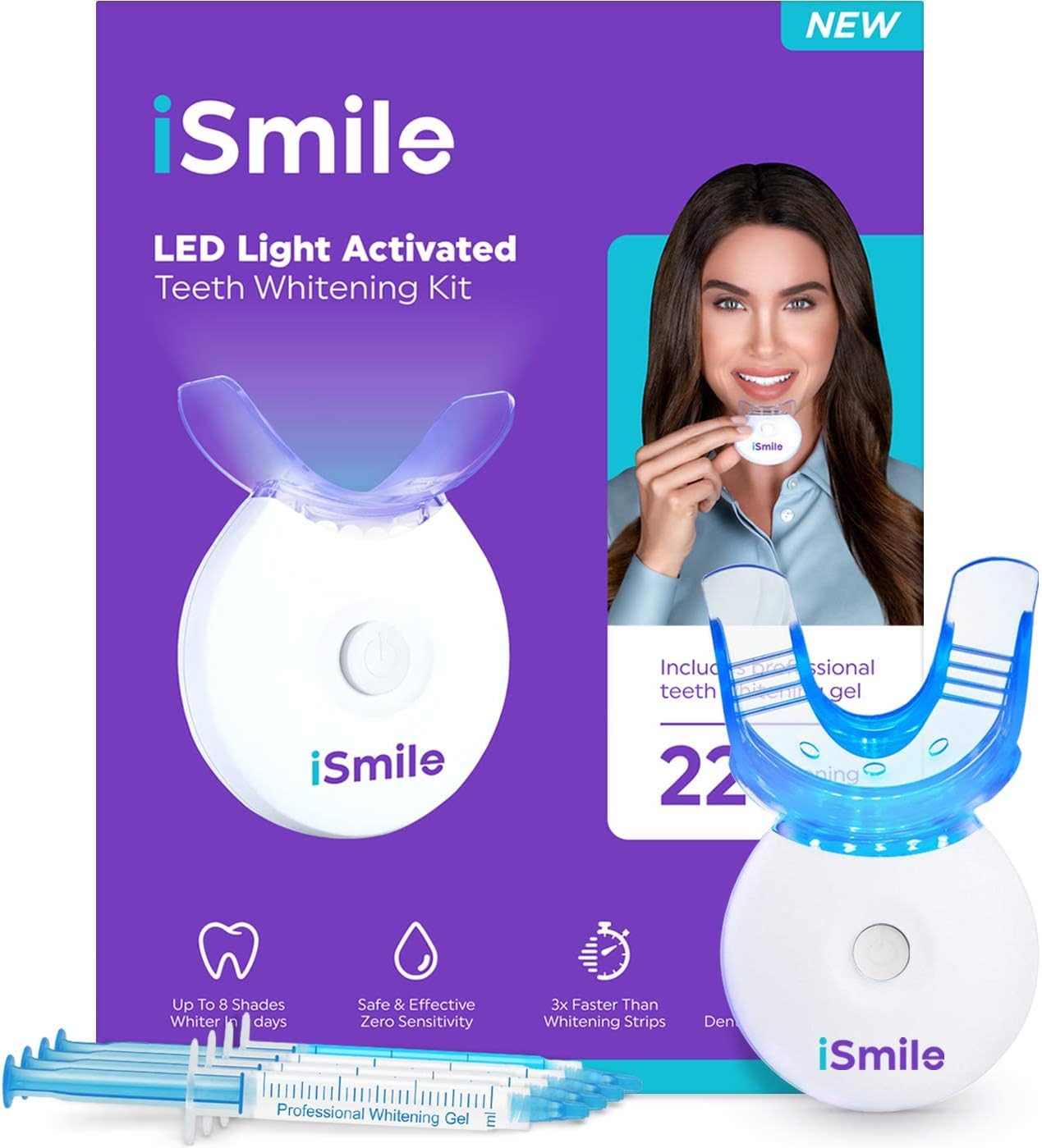 iSmile Teeth Whitening Kit - LED Light, 35% Carbamide Peroxide, (3) 3ml Gel Syringes, (1) Remineralization Gel, and Tray.