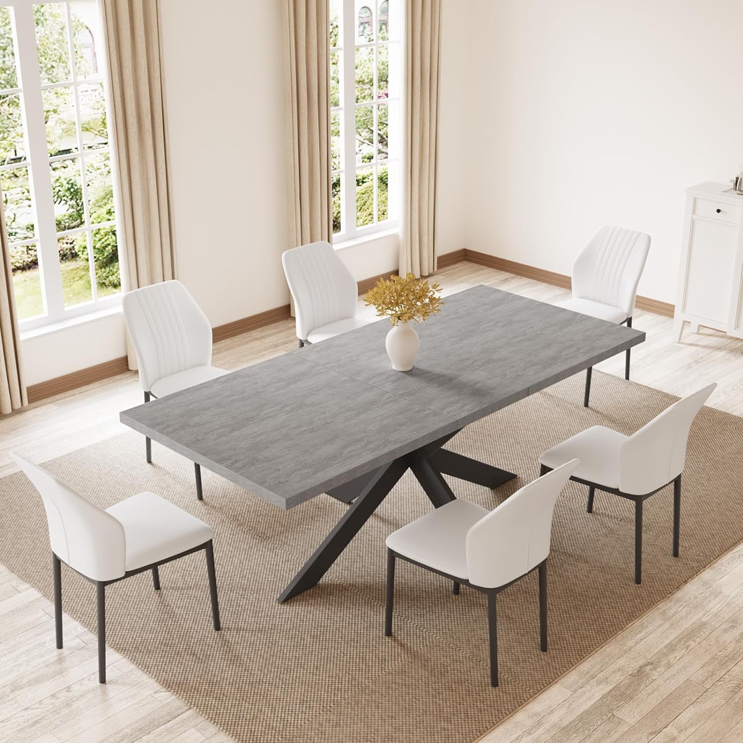 ZckyCine 6-8 People Modern Dining Table Rectangular Kitchen Dining Table Space-Saving Expandable Dining Table Metal Frame (Gray Table   6 White Chairs)