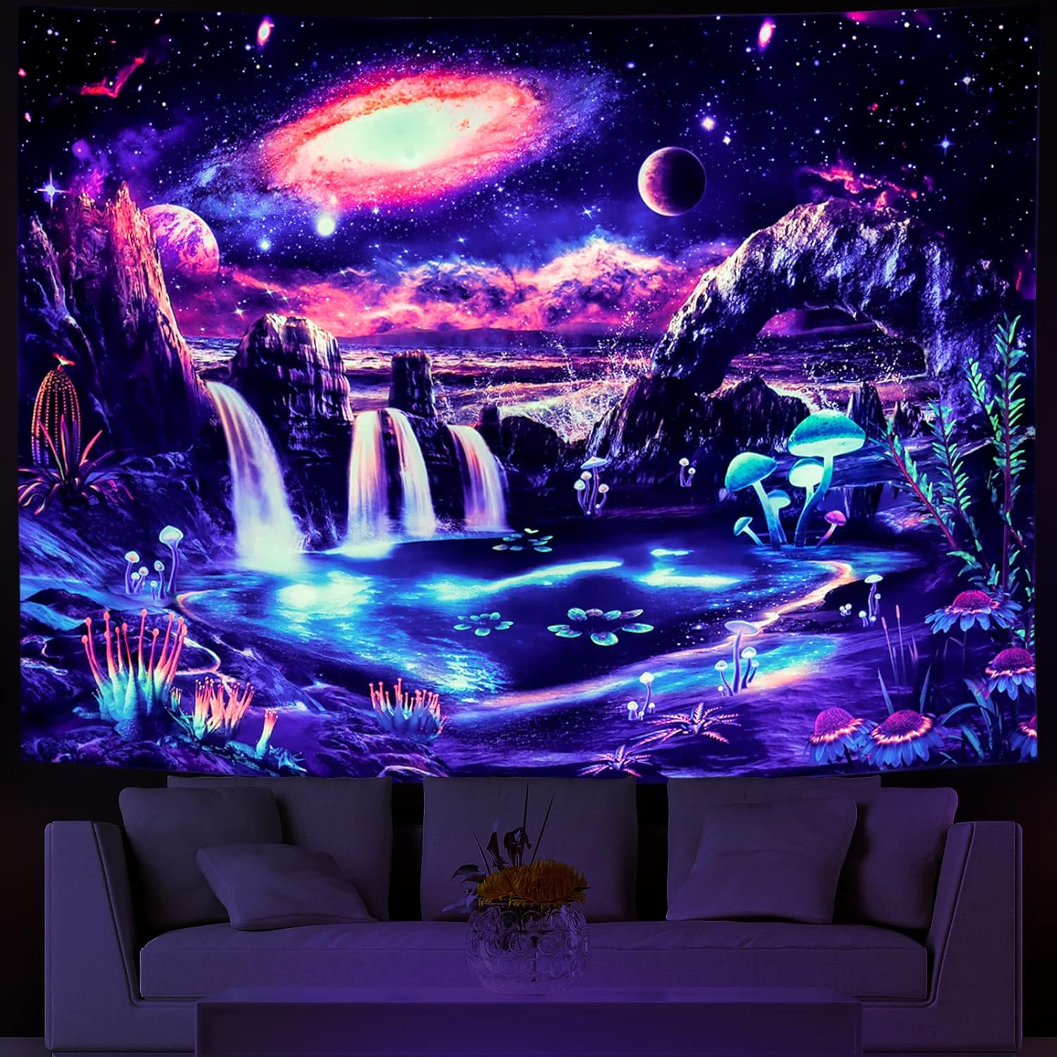 Blacklight Galaxy Tapestry Trippy Planet Tapestry UV Reactive Waterfall Landscape Tapestry Fantasy Mountain Wave Wall Tapestry Mysterious Neon Plants Wall Hanging for Room