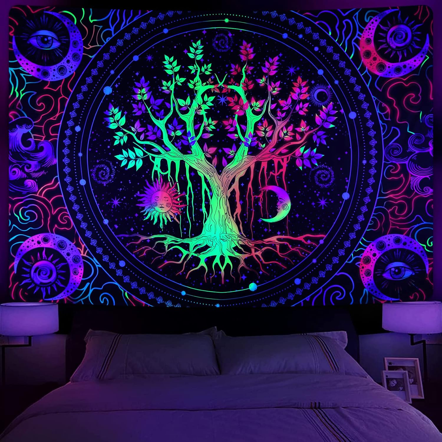 Krelymics Blacklight Tree of Life Tapestry Trippy Sun and Moon Tapestry UV Reactive Galaxy Space Tapestries Aesthetic Glow in The Dark, Black Light Tapestry for Bedroom(51.2 x 59.1 inches)