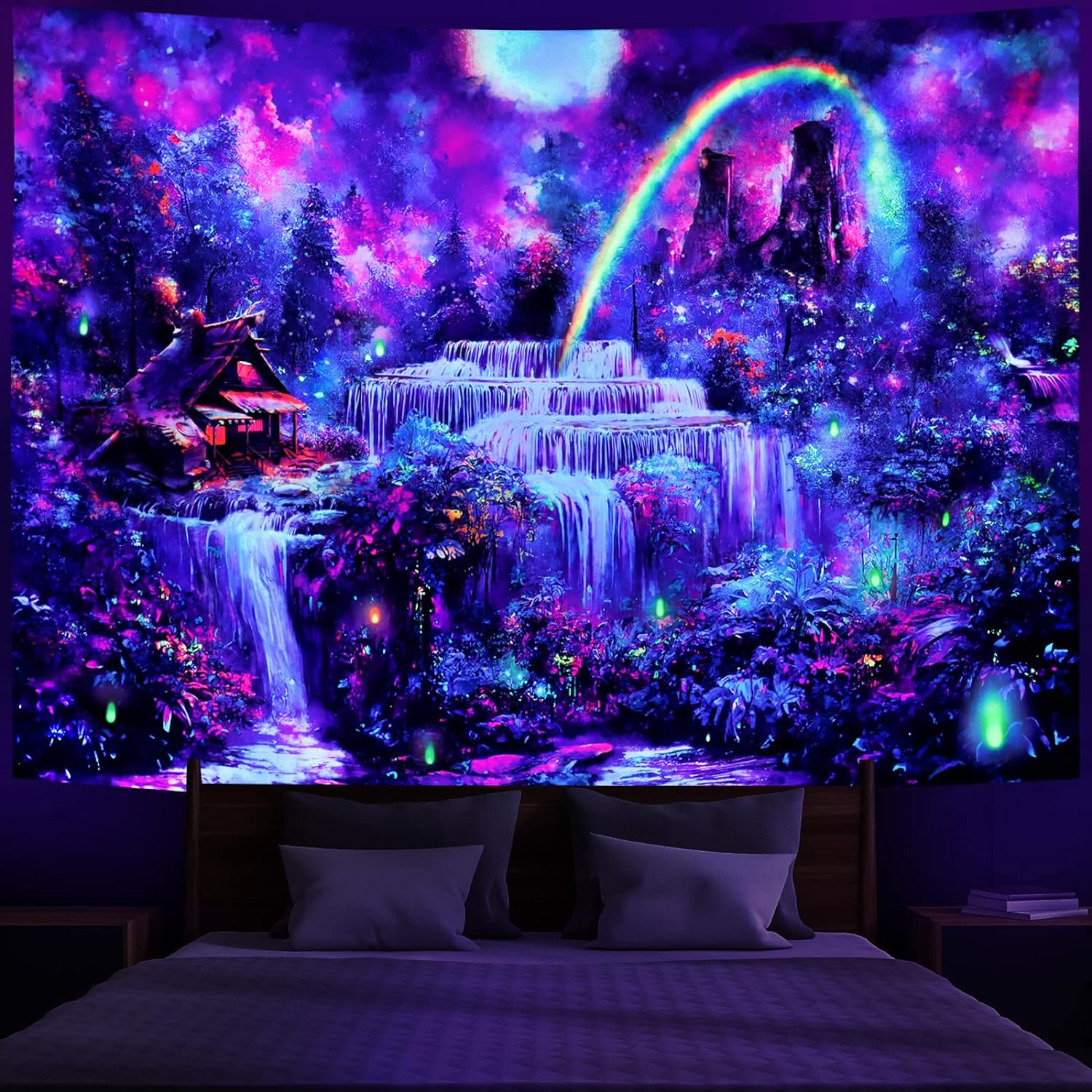 Racunbula Blacklight Tapestry Fantasy Forest Tapestry UV Reactive Waterfall Rainbow Tapestry Misty Jungle Plants Tapestry Nature Landscape Wall Hanging for Living Room