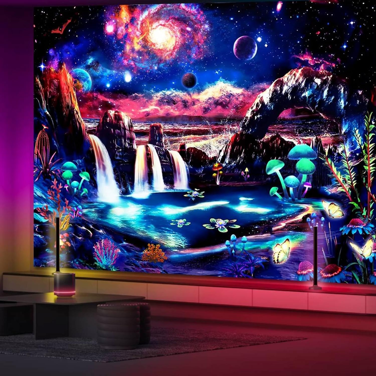 Large Blacklight Galaxy Space Tapestry for Bedroom Aesthetic 71X90 Mountain Mushroom Wall Tapestry Glow in the Dark UV Reactive Tapestry Decor Waterfall Wave Nature Wall Hanging for Room Decor