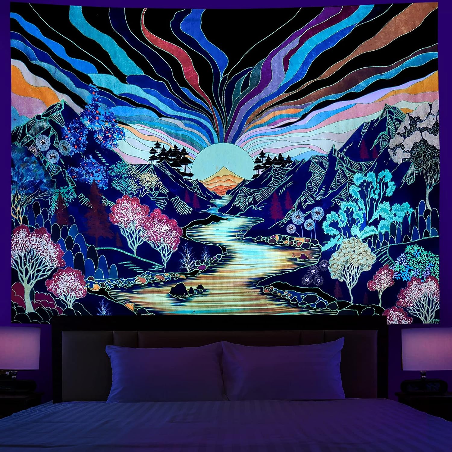 Dermijer Blacklight Forest Mountain Tapestry Sun Tapestry UV Reactive Retro Landscape Wall Tapestry Black Light Watercolor Flower Trees Wall Art Tapestry Wall Hanging for Home Decor W59.1H51.2