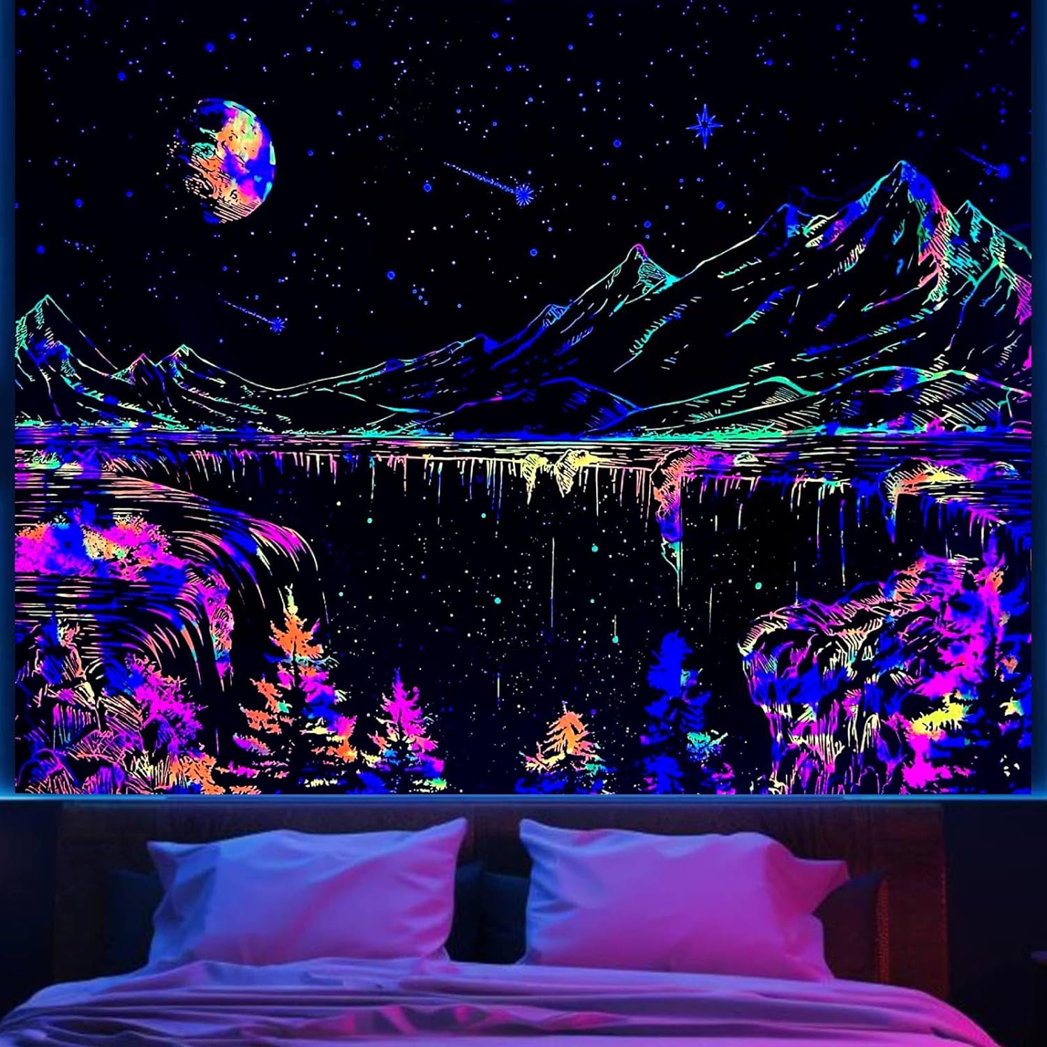 Blacklight Tapestry Space Mountains Wall Tapastries for Bedroom Aesthetic, Moon and Stars Starry Night Wall Hanging for Living Room, Nature Forest Black and White Landscape Backdrop for Ceiling