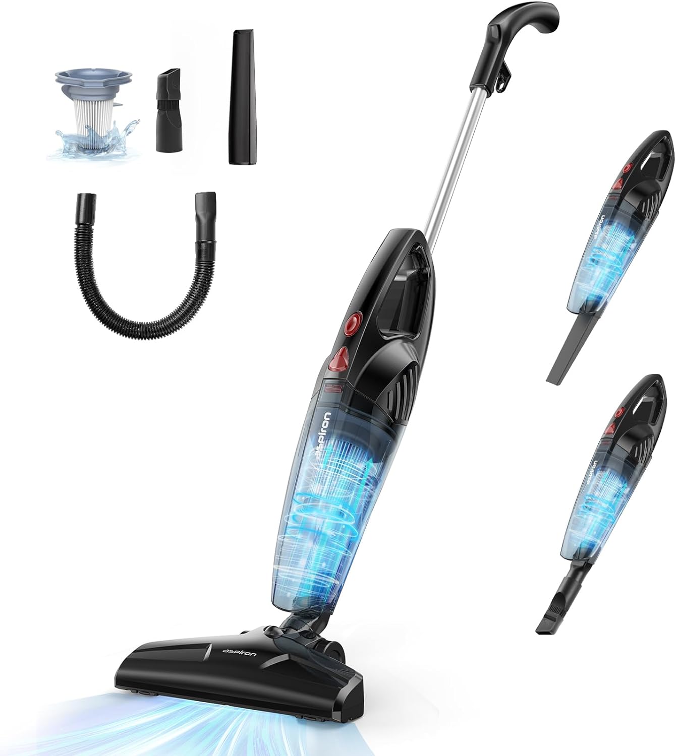 Aspiron Corded Stick Vacuum Cleaner, Small Vacuum Cleaner with 20kPa Powerful Suction, Crevice Tool, Filter, 5-in-1 Handheld Lightweight Bagless Vacuum Cleaner for Home, Carpet and Floor (Black)