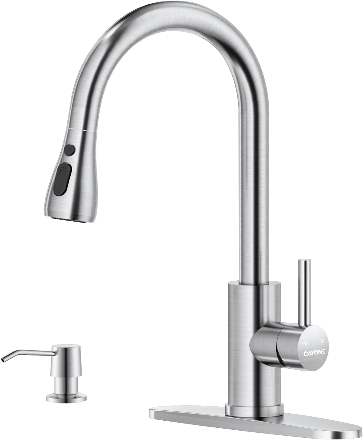 DAYONE Brushed Nickel Kitchen Faucet with Pull Down Sprayer and Soap Dispenser, 3 Modes High Arc Single Handle Sink Faucet with Deck Plae for Kitchen, DAY-APS257BN