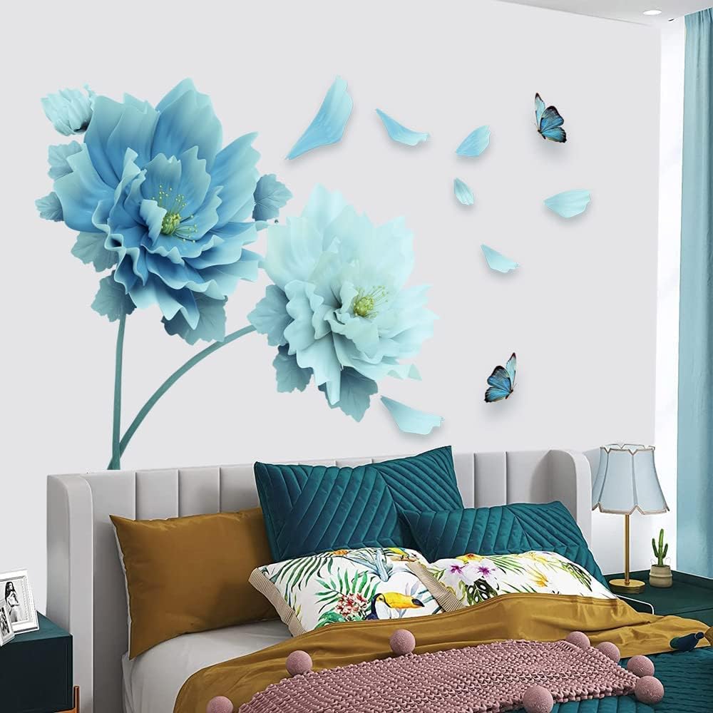 Supzone Blue White Flower Wall Sticker Large Lotus Wall Decals Floral and Butterfly Wall Decor DIY Vinyl Mural Art for Bedroom Living Room Offices Study Room Home Decoration