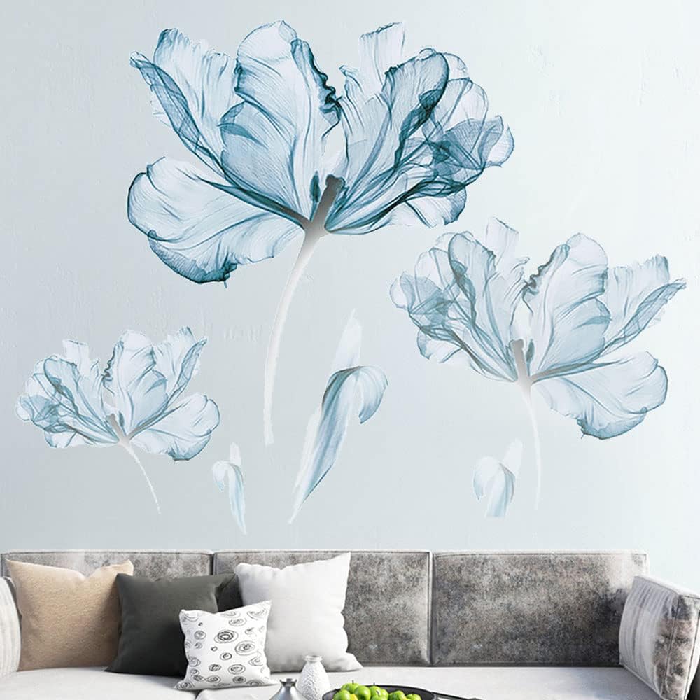 Supzone Light Blue Flower Wall Sticker Large Blue Floral Wall Decal Lotus Blossom Wall Decor DIY Vinyl Mural Art for Bedroom Living Room Offices Sofa TV Backdrop Wall Decoration