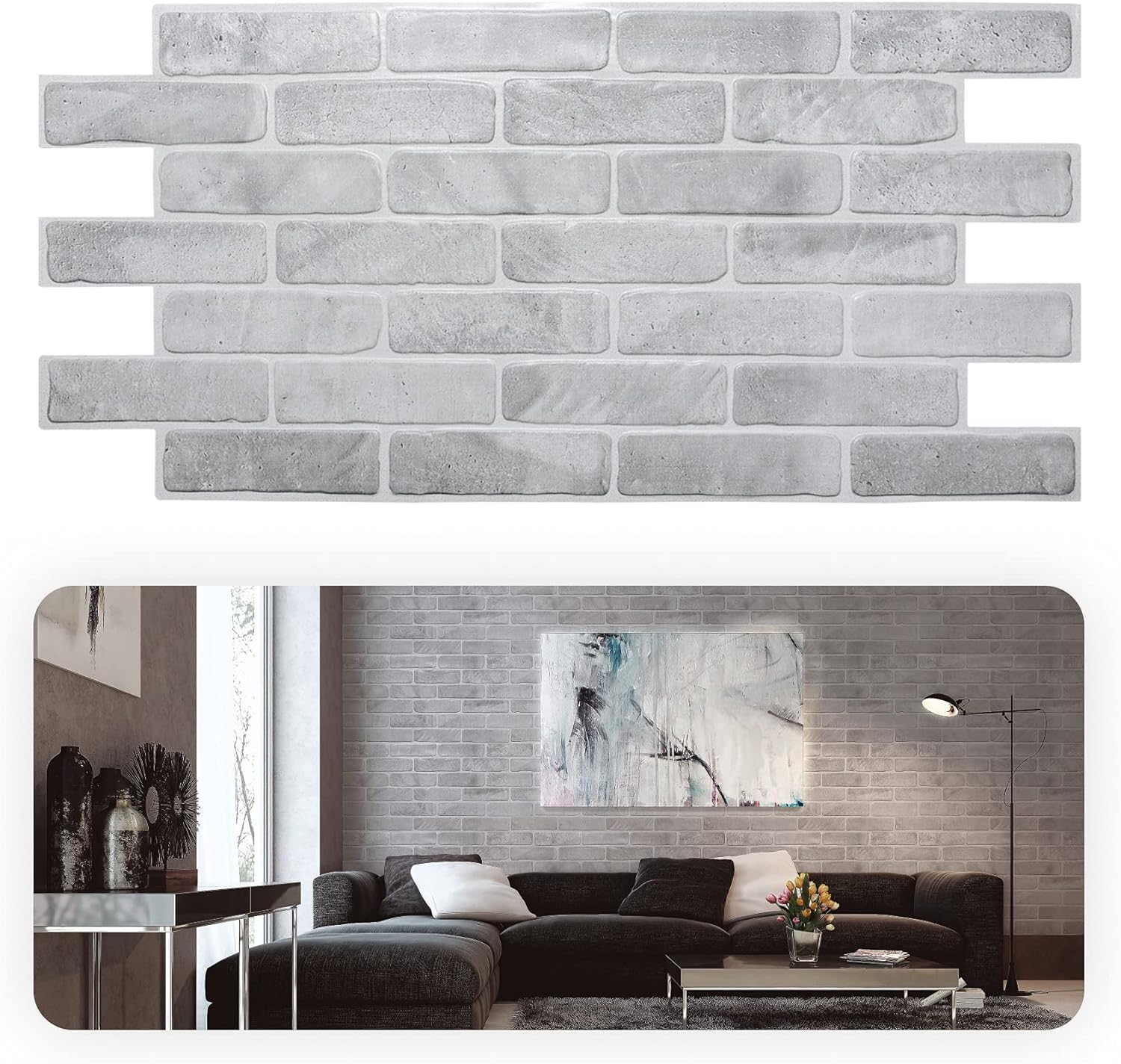 PVC Plastic Wall Panels 3D Decorative Tiles Cladding - Gray / Old Gray Brick, Wall (Pack 6-44 pcs) (Light Gray, 10)