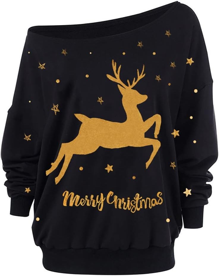 ALLTB Christmas Deer Shirt Women Off Shoulder Long Sleeve Tops Pullover Cute Letter Snowflake Graphic Sweatshirt