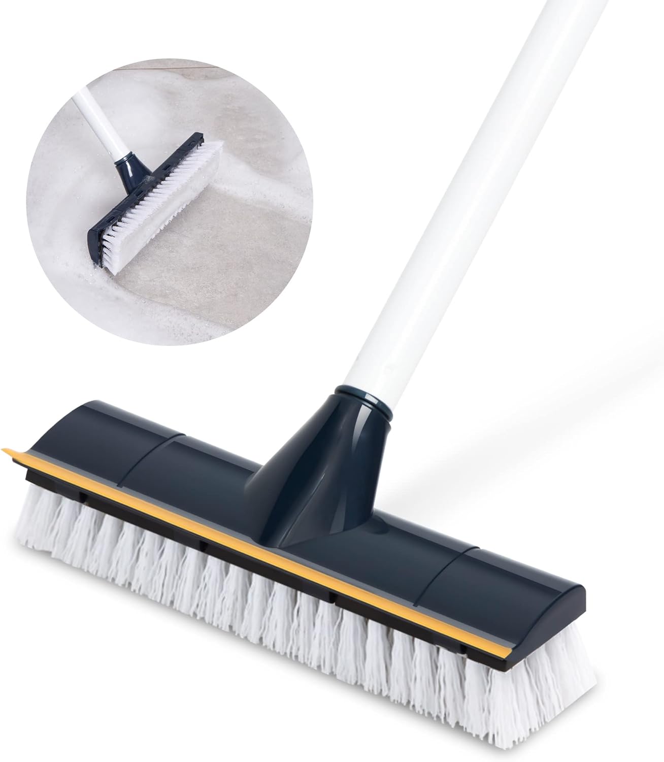 BOOMJOY Floor Scrub Brush with Long Handle -50 Stiff Brush, 2 in 1 Scrape and Brush, Tile Brush for Cleaning Deck, Garage, Patio, Bathroom, Kitchen, Navy and Yellow