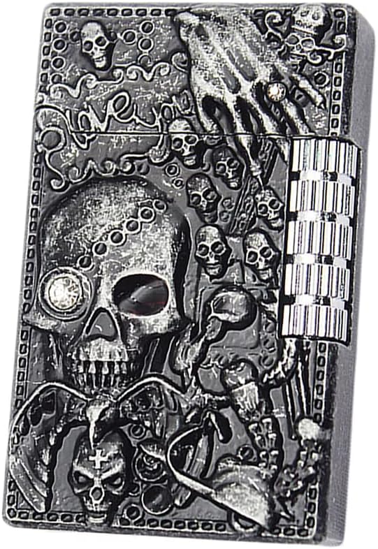 KAIEOMGN Carving Skull Antique Lighter, Vintage Cool Metal Lighters Refillable, Novelty Lighters for Men Candles Gift Ideas (No Butane Fuel). (Bright)