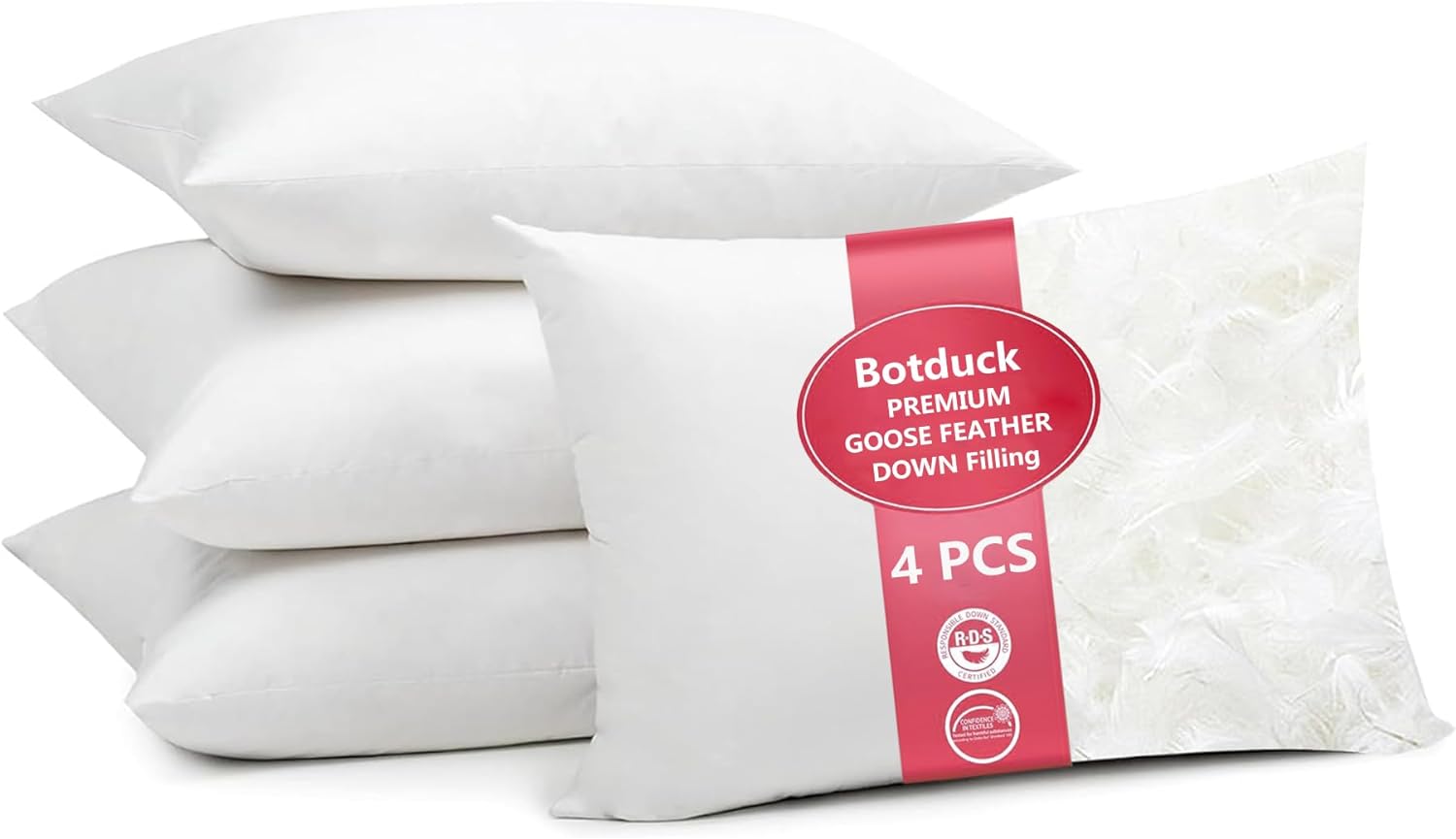 Botduck Goose Down Feather Pillows Standard Size Set of 4 Pack Hotel Collection Bed Pillow for Sleeping Medium Firm Support for Side Stomach & Back Sleepers, 20x26 Inch