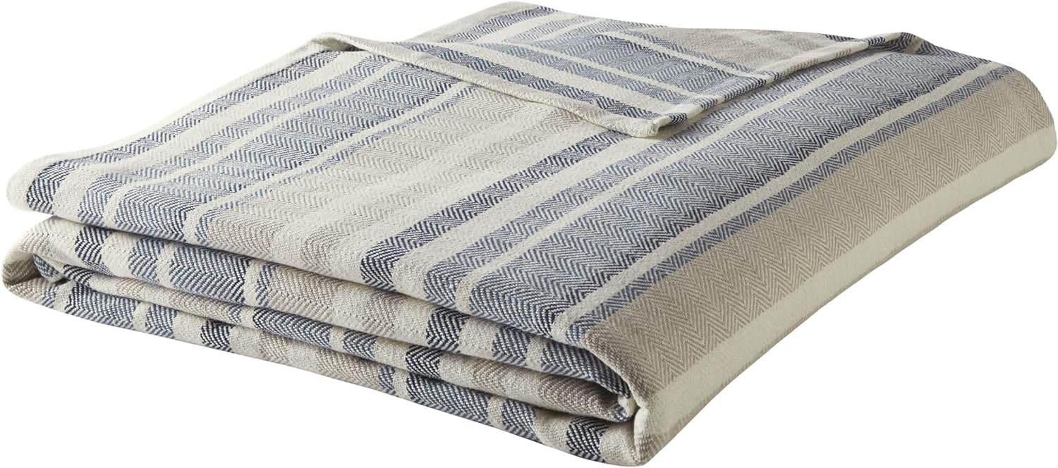 Eddie Bauer - King Blanket, Lightweight Cotton Bedding, Home Decor for All Seasons (Herringbone Blue Stripe, King)