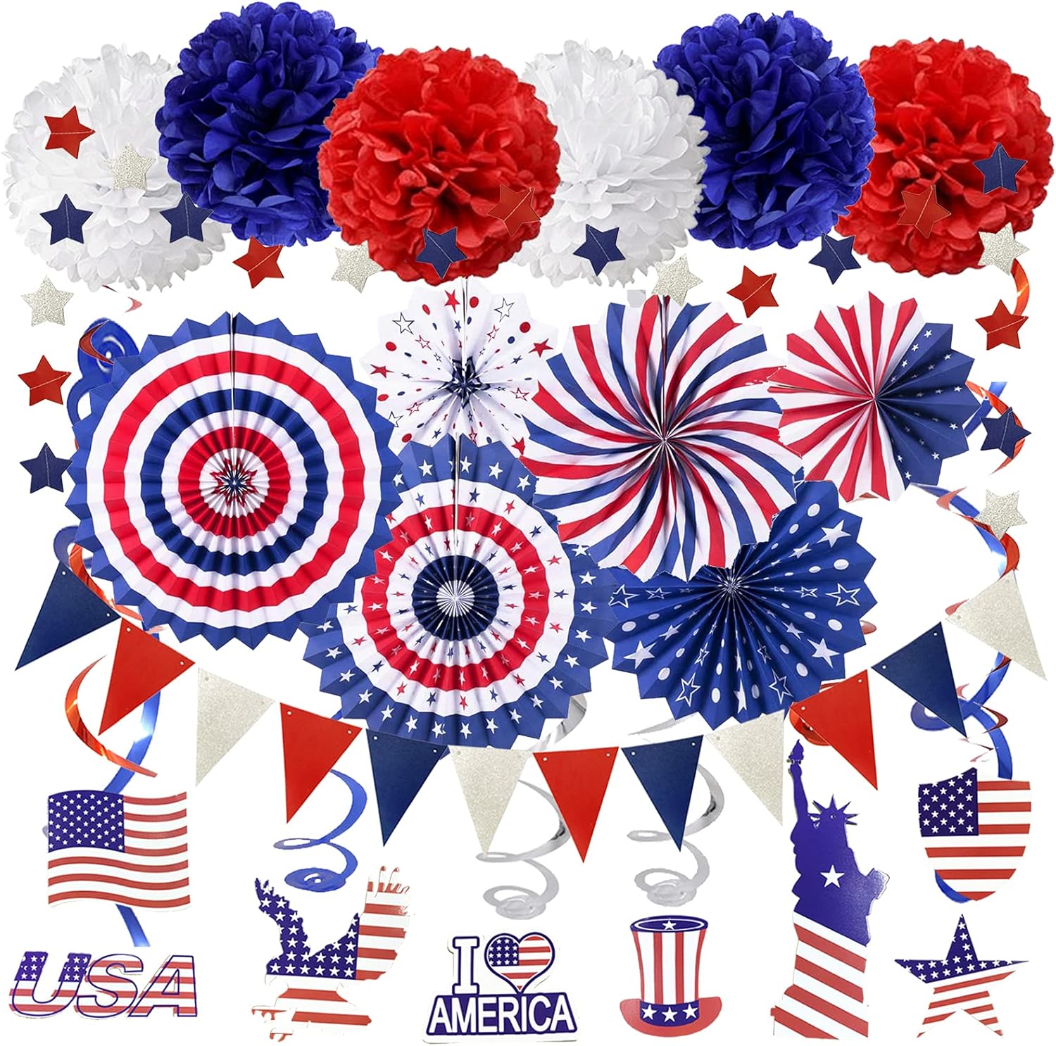 ZERODECO USA Party Supplies, Navy Blue Red Paper Fans Set Pom Poms Star Streamer Hanging Swirls USA Flag for 4th of July Day Patriotic Decorations Birthday Wedding Graduation Independence Day