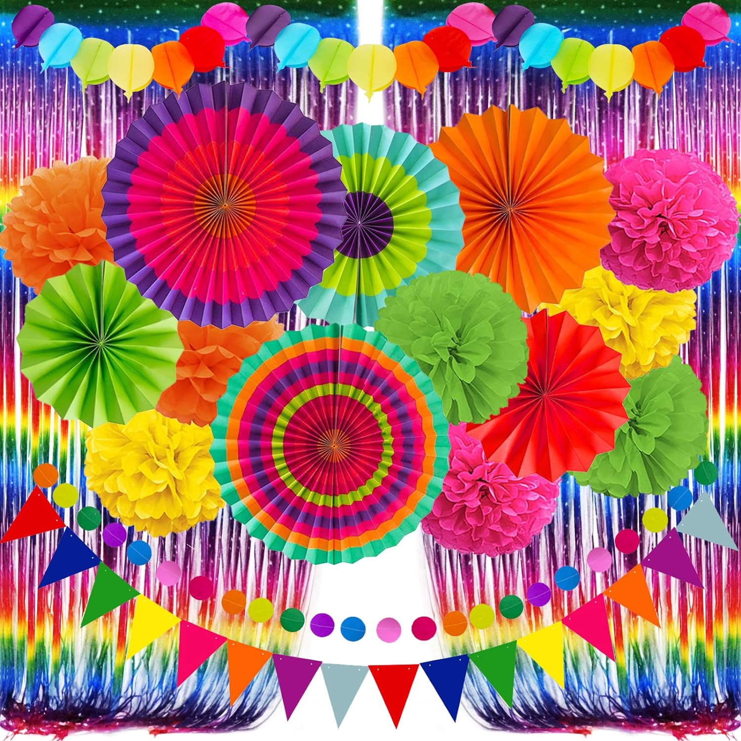 ZERODECO Fiesta Paper Fan Party Decorations Set, Multicolor Cinco De Mayo Pom Poms Pennant Garland String Banner Fringe Curtains Mexican Coco Carnivals Festivals Party Supplies