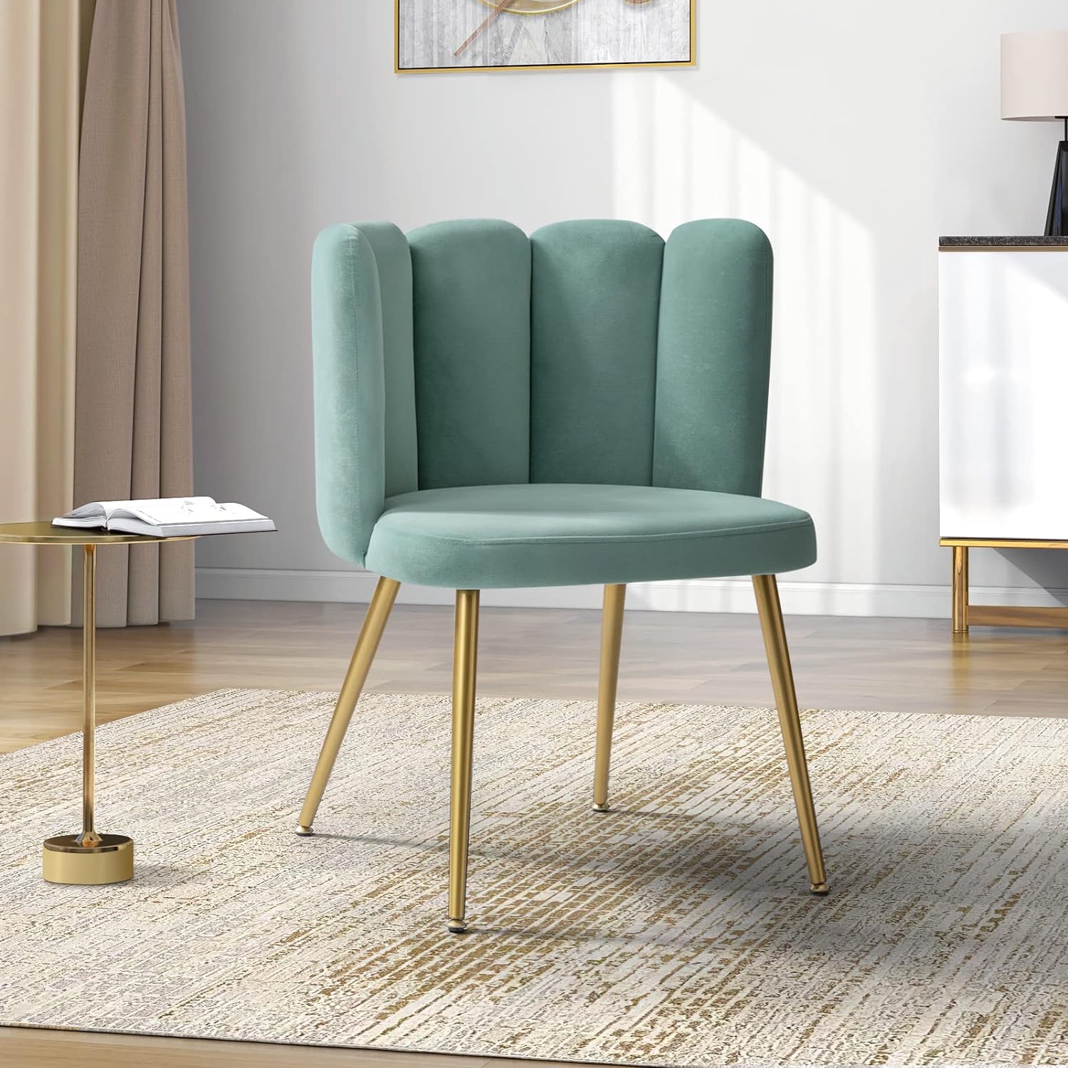 HULALA HOME Velvet Accent Chairs Modern Vanity Chairs for Makeup Room, Comfy Upholstered Dining Chairs for Living Room with Shell Back and Golden Metal Legs/SAGE