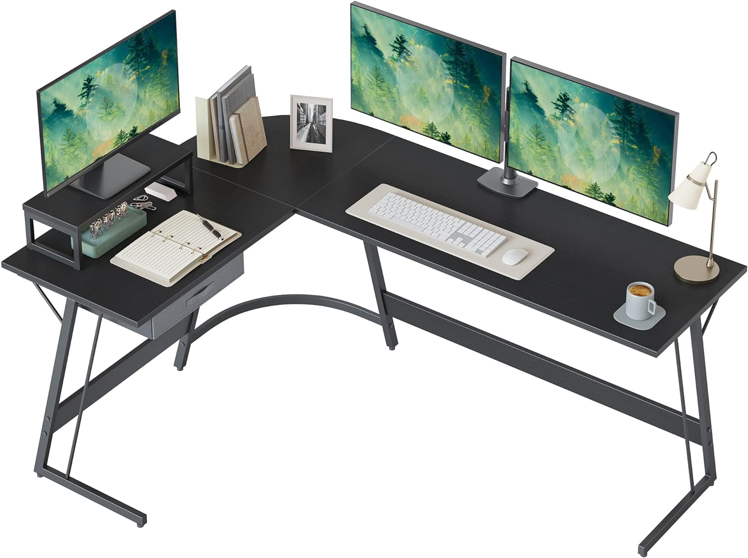 BANTI 67 inch L Shaped Desk, Corner Computer Desk, Gaming Desk with Small Table and Drawer, Home Office Study Writing Workstation, Space-Saving, Black