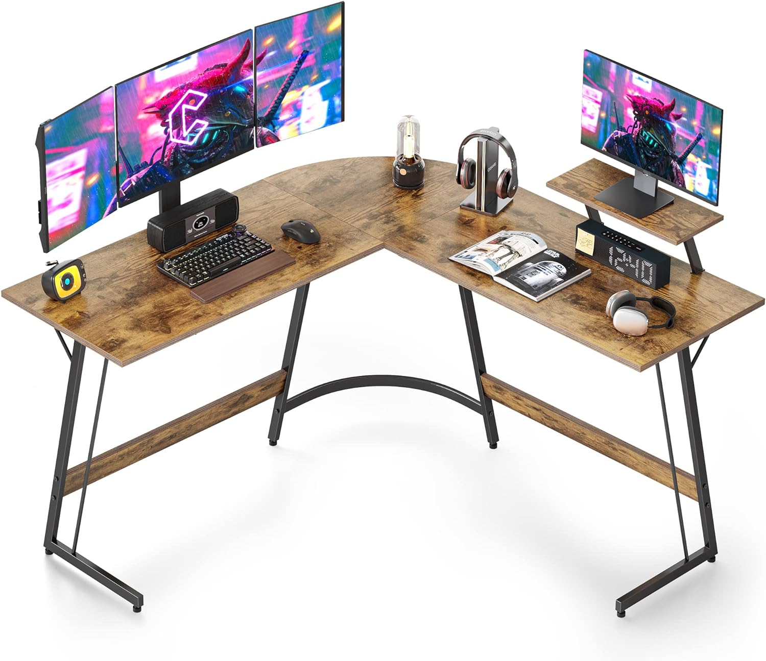 Cubiker L Shaped Desk, Computer Corner Desk, Gaming Desk with Monitor Stand, Home Office Study Writing Workstation, Space-Saving, Rustic Brown