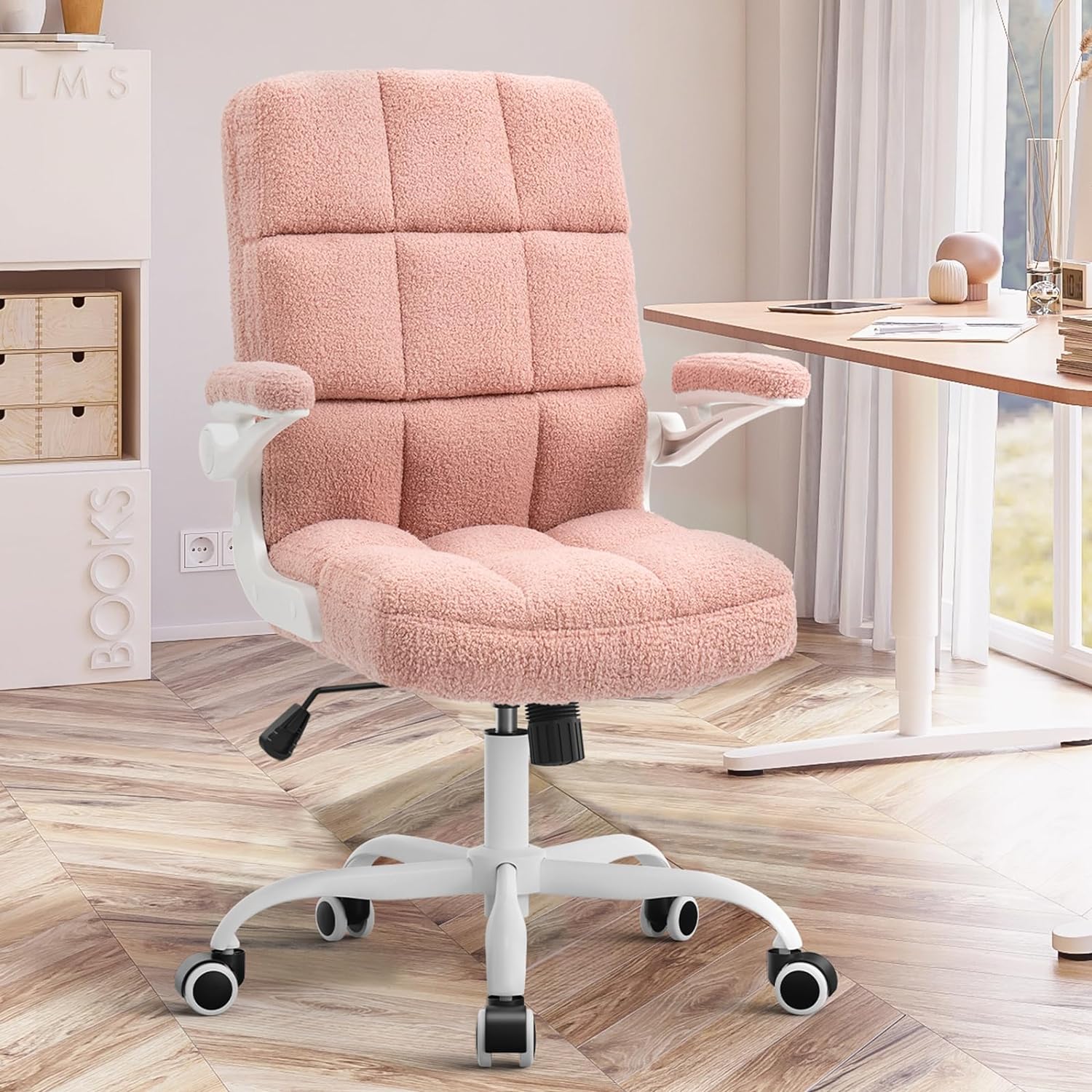 SEATZONE Pink Office Chair Home Office Desk Chairs with Flip-up Armrest, Rolling Desk Chair with Wheels, Faux Fur Computer Chairs Adjustable Backward Tilt