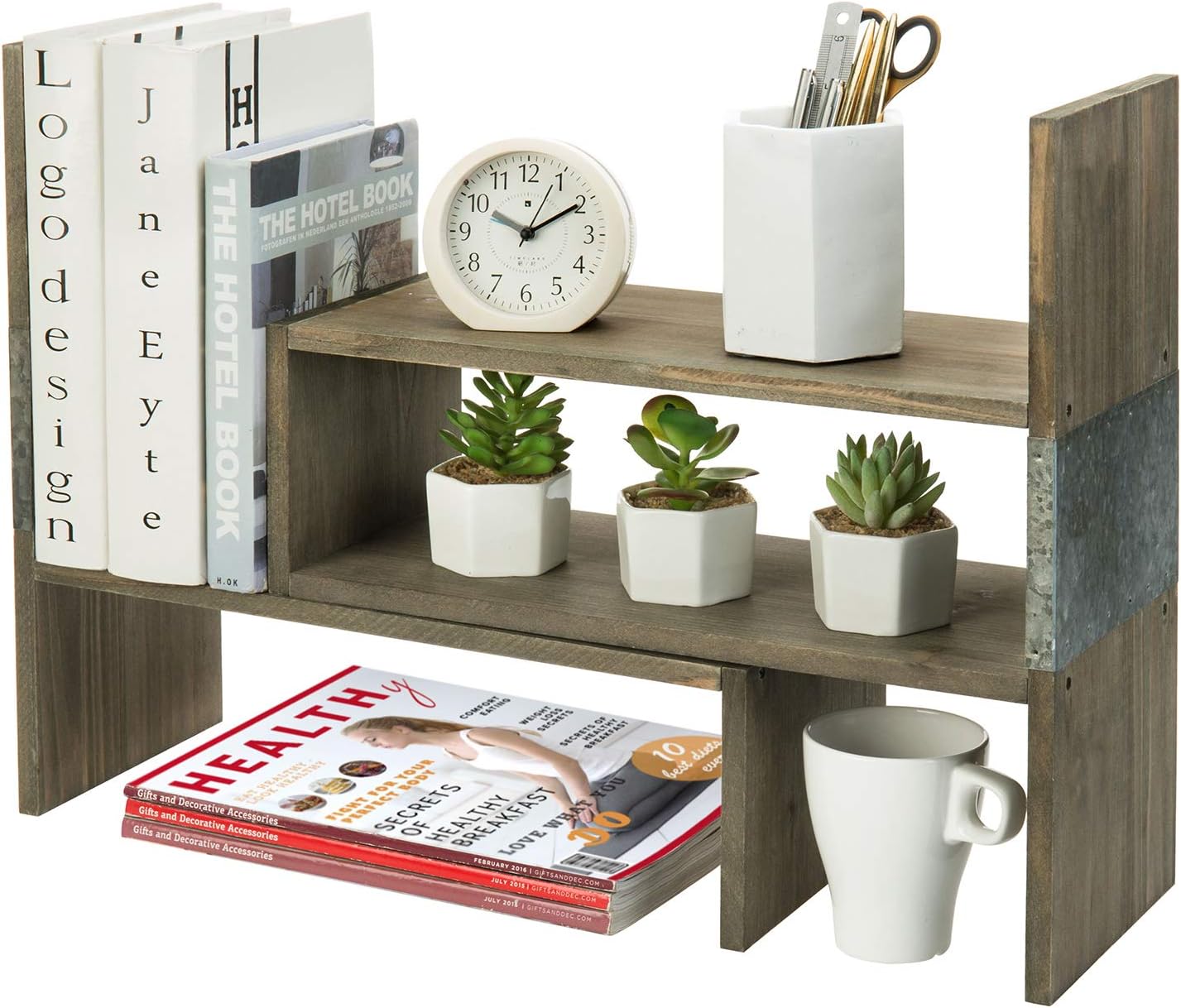 MyGift Rustic Brown Wood Desktop Shelf - Wooden Reclaimed Style and Galvanized Metal Adjustable Desk Bookcase Display Organizer