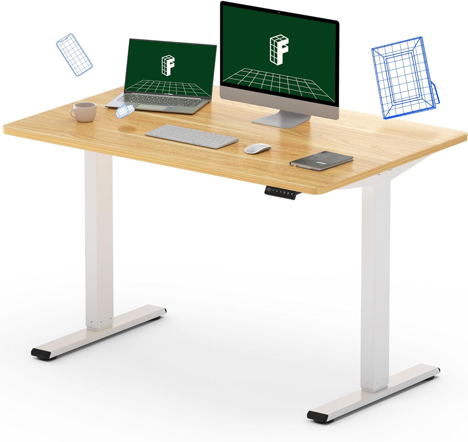 FLEXISPOT Height Adjustable Electric Standing Desk 48 x 30 Inches Whole-Piece Desk Stand Up Home Office Desk (White Frame + 48 Maple Top, 2 Packages)