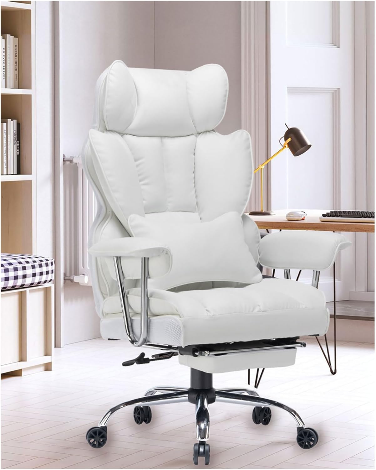 Efomao Desk Office Chair 400LBS, Big and Tall Office Chair, PU Leather Computer Chair, Executive Office Chair with Leg Rest and Lumbar Support, White Office Chair