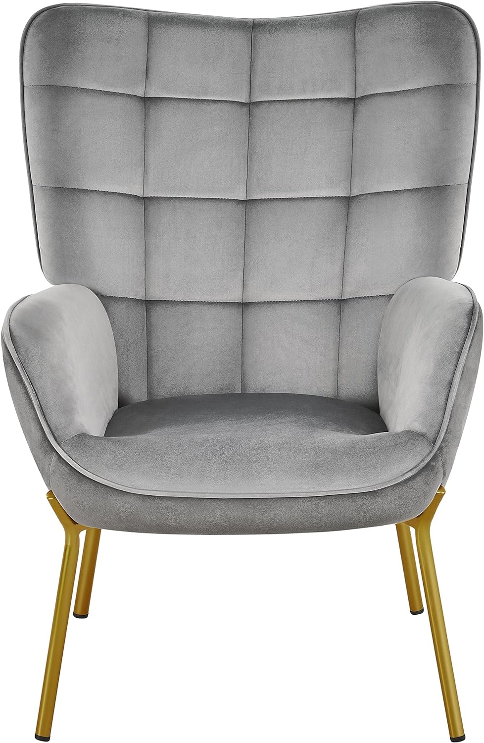 Yaheetech Velvet Fabric Accent Chair, Vanity Chair with Golden Metal Legs, Upholstered Living Room Chairs Leisure Tufted Sofa Chairs for Home Office/Bedroom, Light Gray