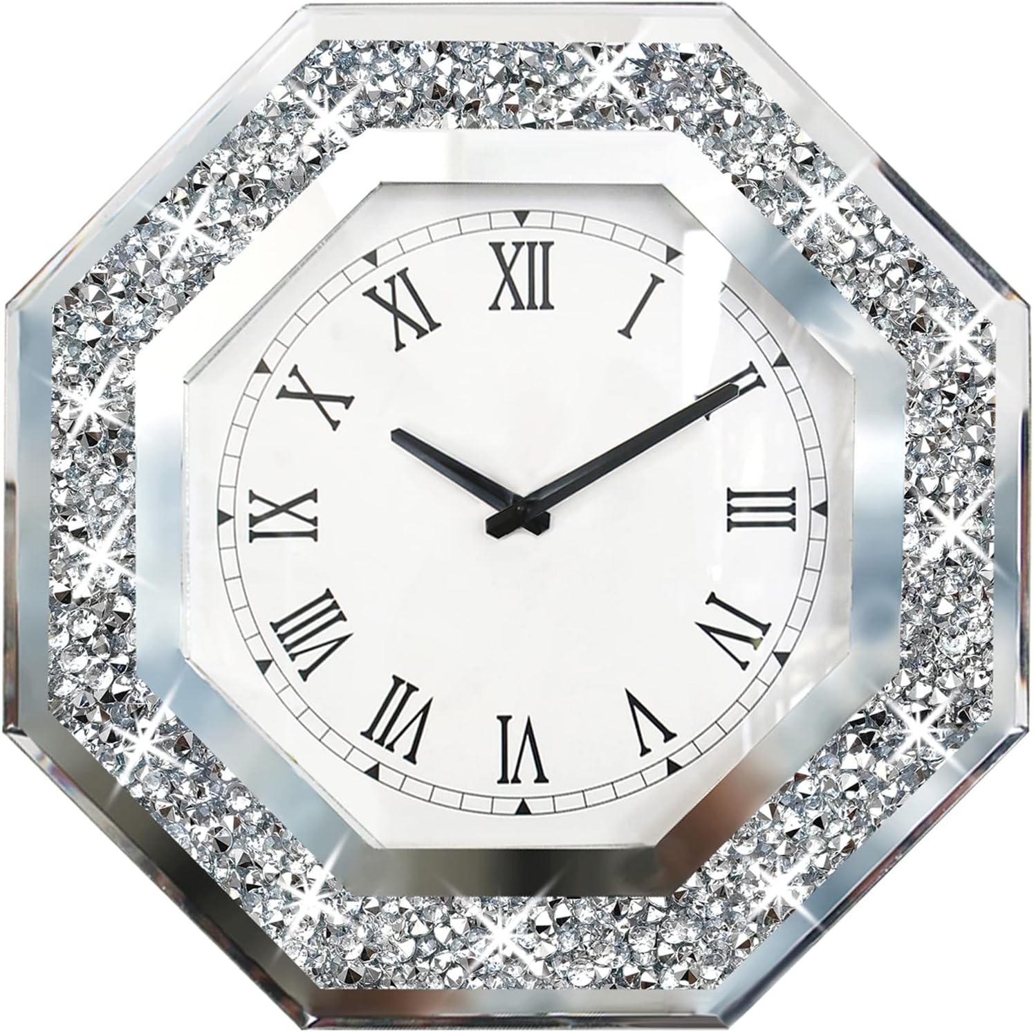 XIHACTY Wall Clock, Octagon Mirror Glass Clock, Cute Diamond 12-inch Non-Ticking Clock for Wall Dcor, Perfect Home Decor for Bedroom, Bathroom Motif, Dining Room(Excluding Batteries.)