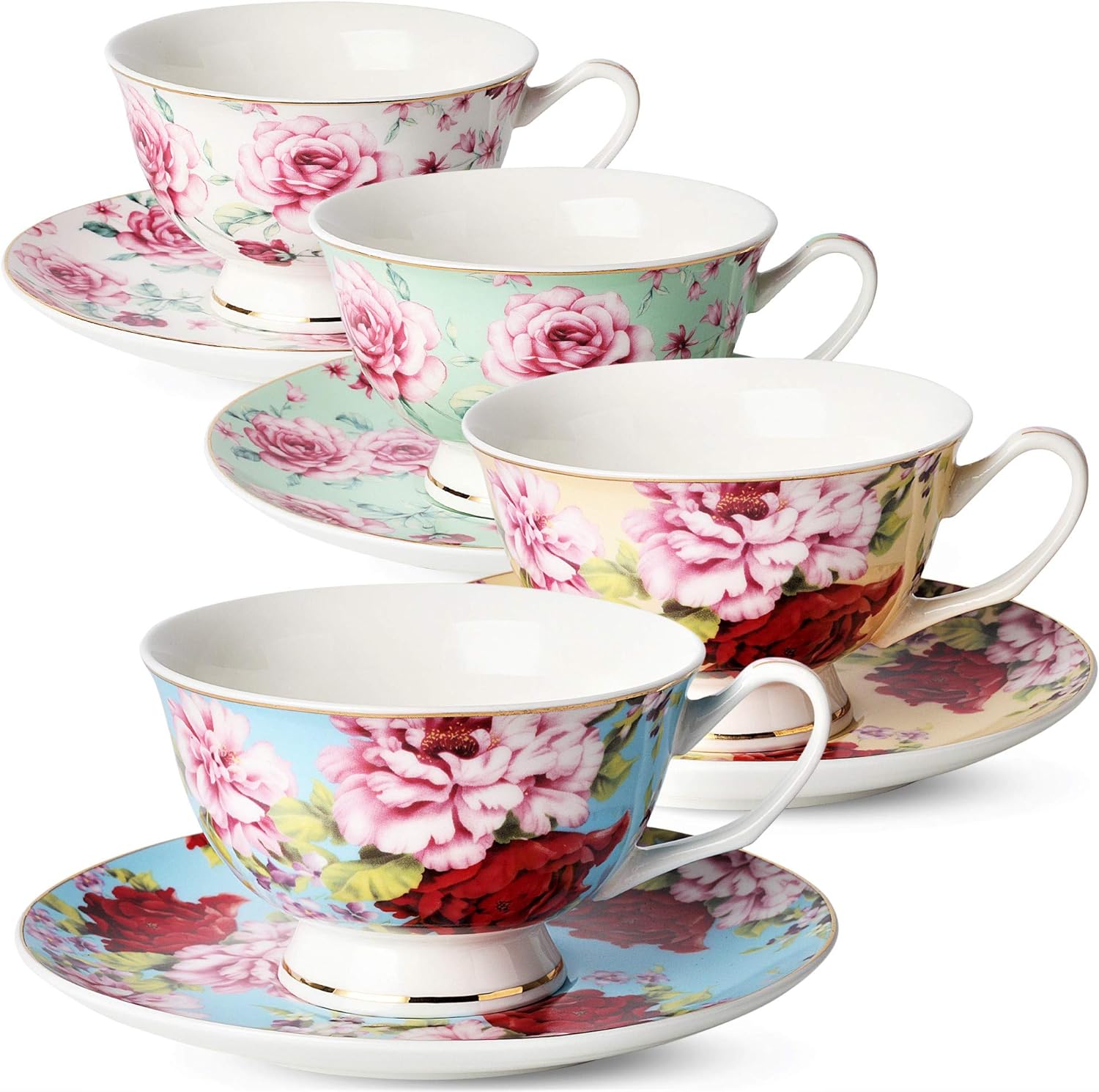 BTT- Floral Tea Cups and Saucers, Set of 4 (7oz) with Gold Trim and Gift Box, Cappuccino Cups, Latte Cups, Tea Set for Adults, Porcelain Tea Cups, Tea Cups for Tea Party, Rose Teacups, China Tea Cups