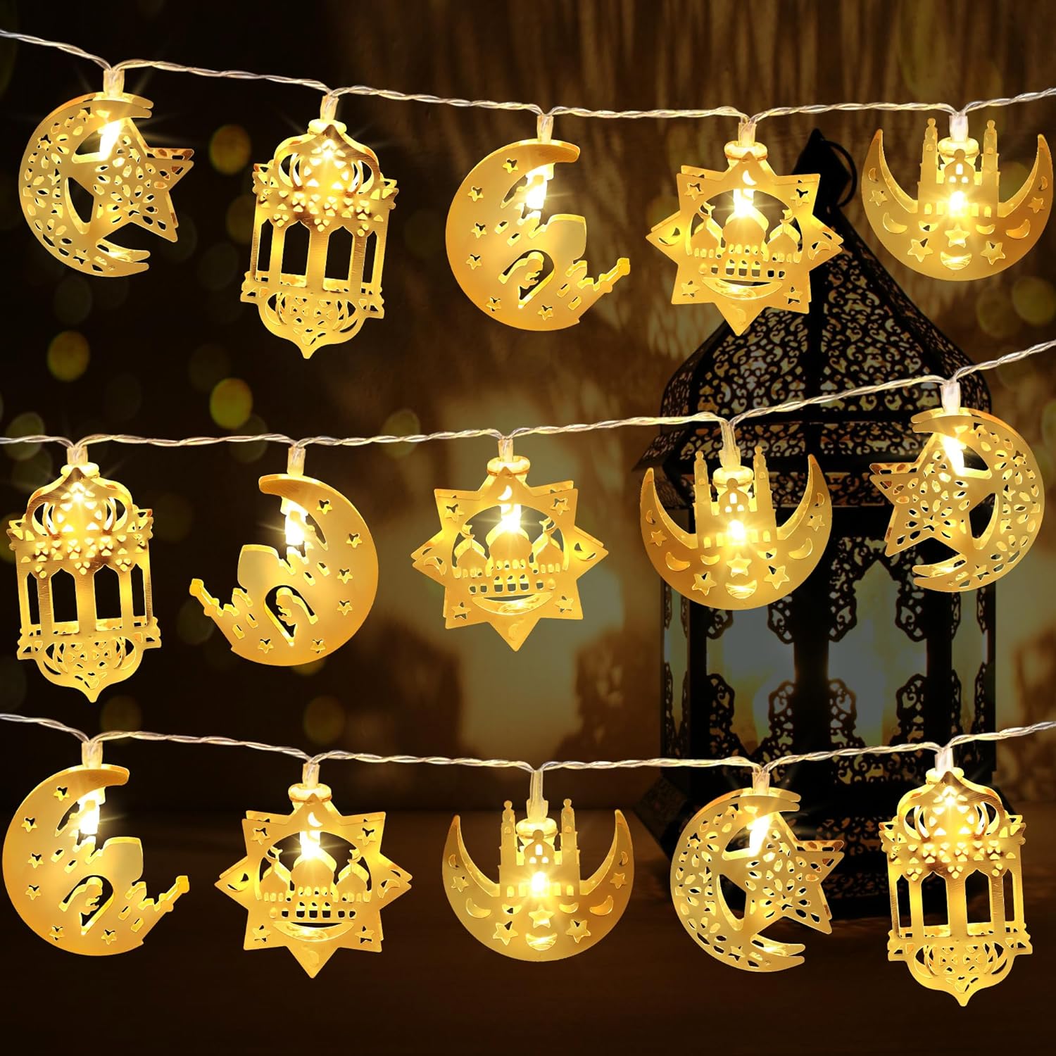 [Timer] Ramadan String Lights 10FT 20 LED, Moon Star Lantern Castle Eid Mubarak Decorations Lights Battery Operated, 8 Modes Ramadan Lights Indoor Outdoor for Muslim Islamic Home Party Decor