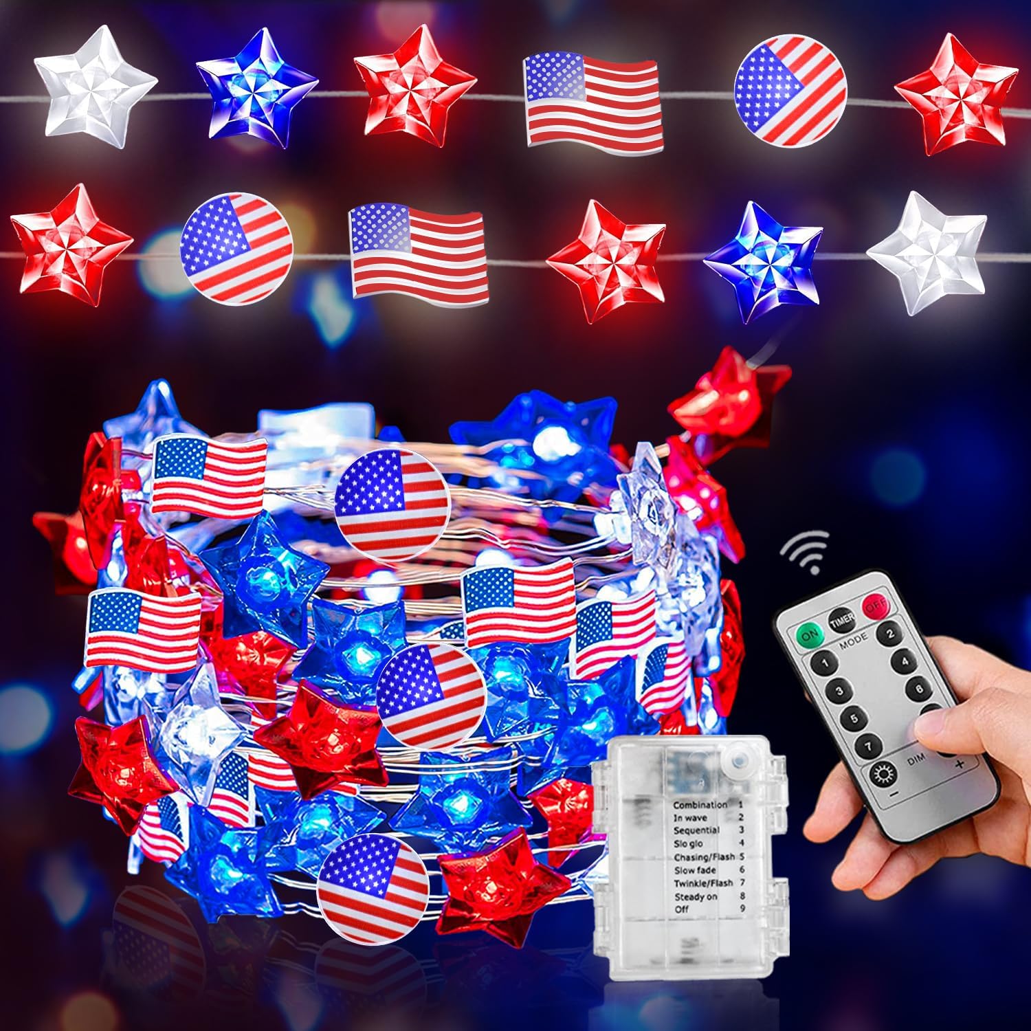 2 Pack Red White Blue Star and Flag Lights Remote Timer Battery Operated USA Flag Patriotic Decorations for Indoor Outdoor Memorial Day, 4th of July, National Independence Day (Total 26FT 80LED)