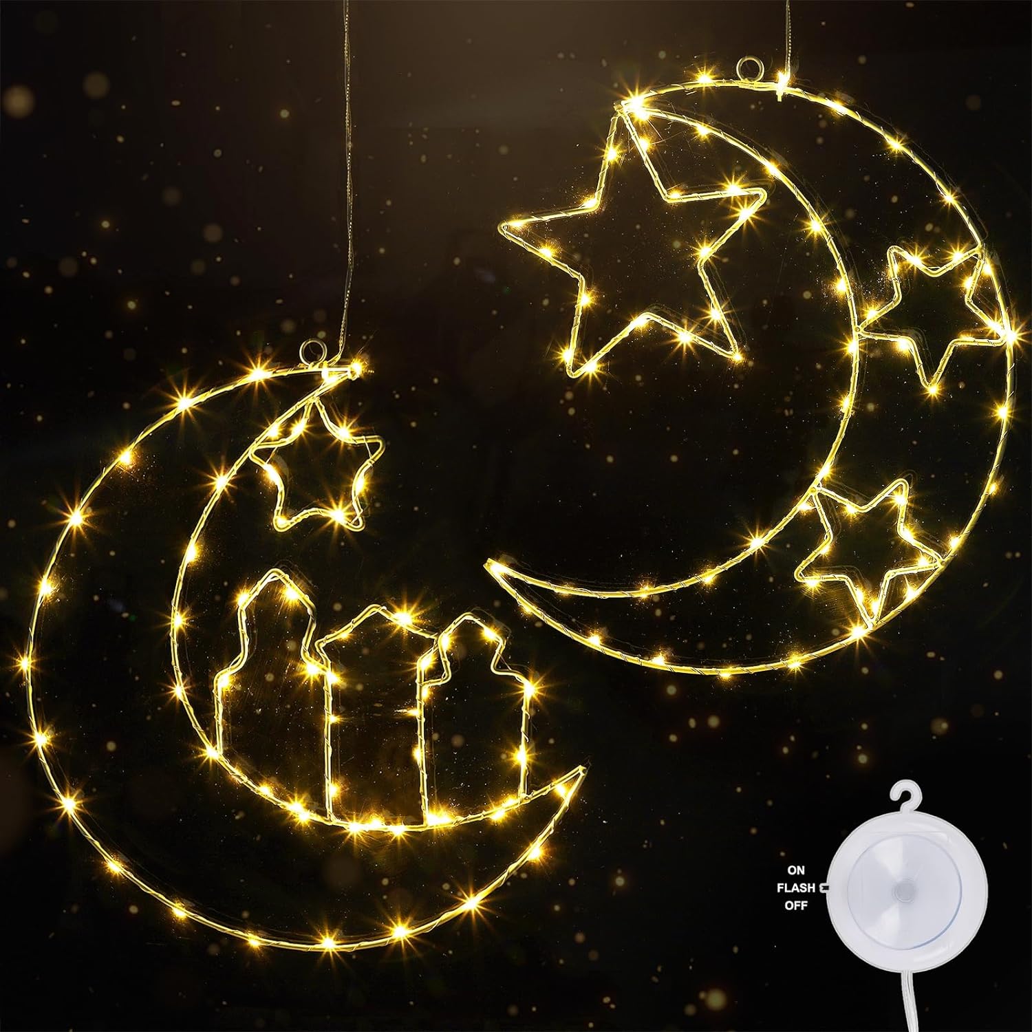 Glintoper 2 Pack Ramadan Decorative Lights, Moon & Star Window Silhouette Lights, Eid Mubarak Window Hanging Lights, Muslim Holy Celebration Decor, Battery Powered for Indoor Outdoor Home Wall Party