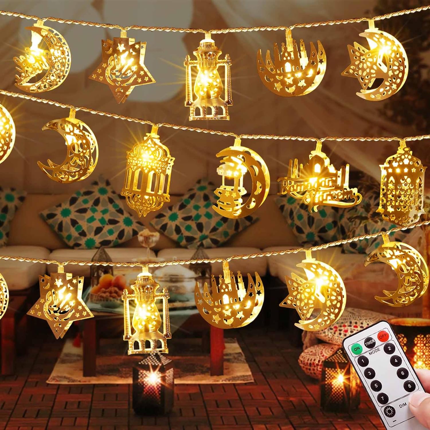 Homeleo Vintage Ramadan Decorations for Home, Battery Operated Ramadan Lights, 8 Modes Remote EID Mubarak Metal Moon Star Lantern String Lights for Mantle House Window Tree Ramadan Decor(14ft 20LED)