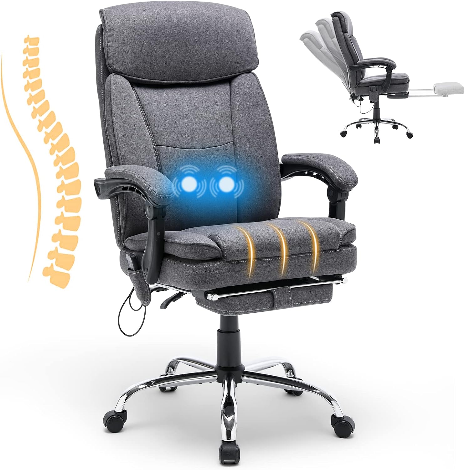 HOMREST Reclining Office Chair w/Massage, Ergonomic Office Chair w/Foot Rest, Breathable Fabric Executive Computer Chair w/Retractable Footrest, High Back Swivel Recliner for Office Home Study