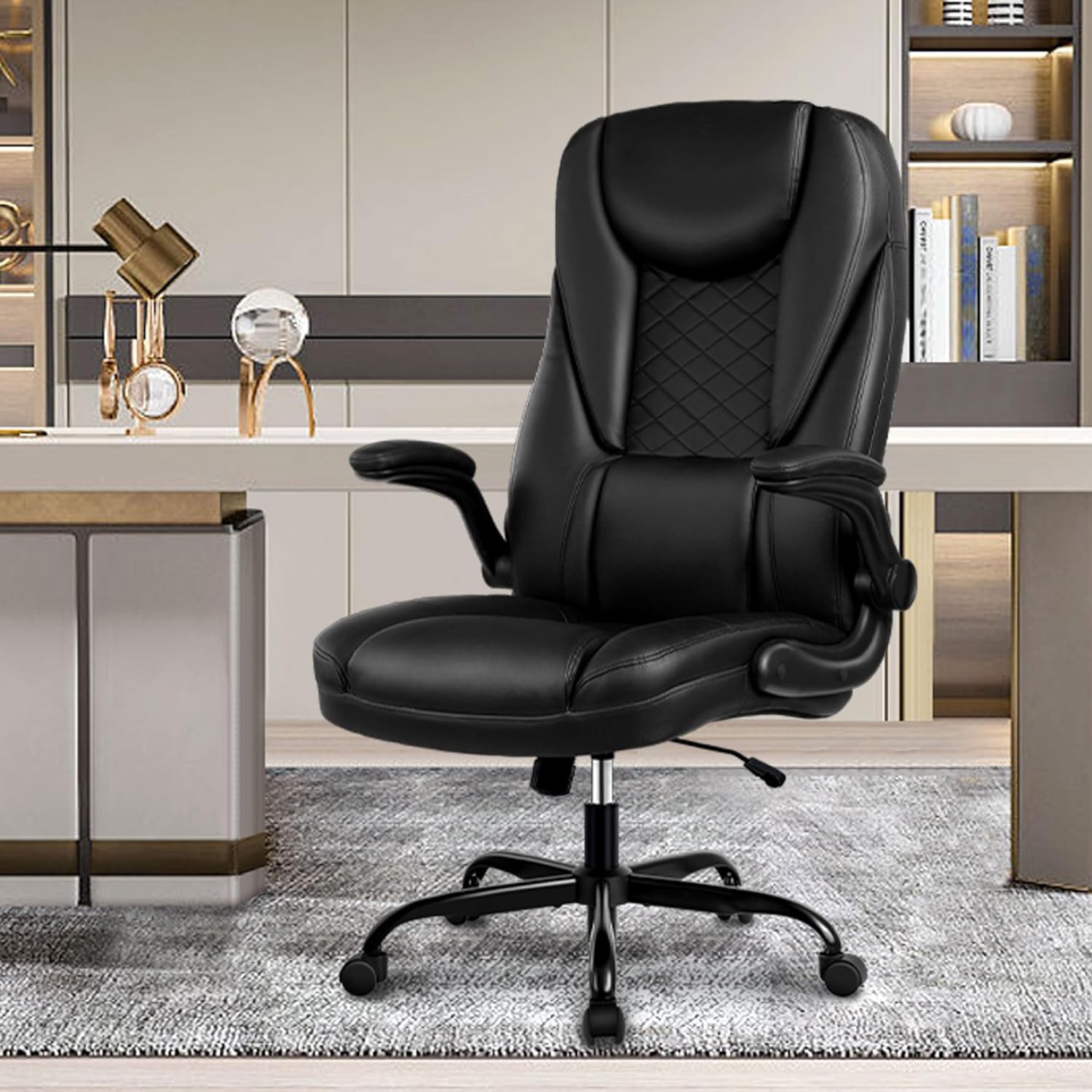 Guessky Office Chair, Executive Office Chair Big and Tall Office Chair Ergonomic Leather Chair with Adjustable Flip-Up Arms High Back Home Office Desk Chairs Computer Chair with Lumbar Support (Black)