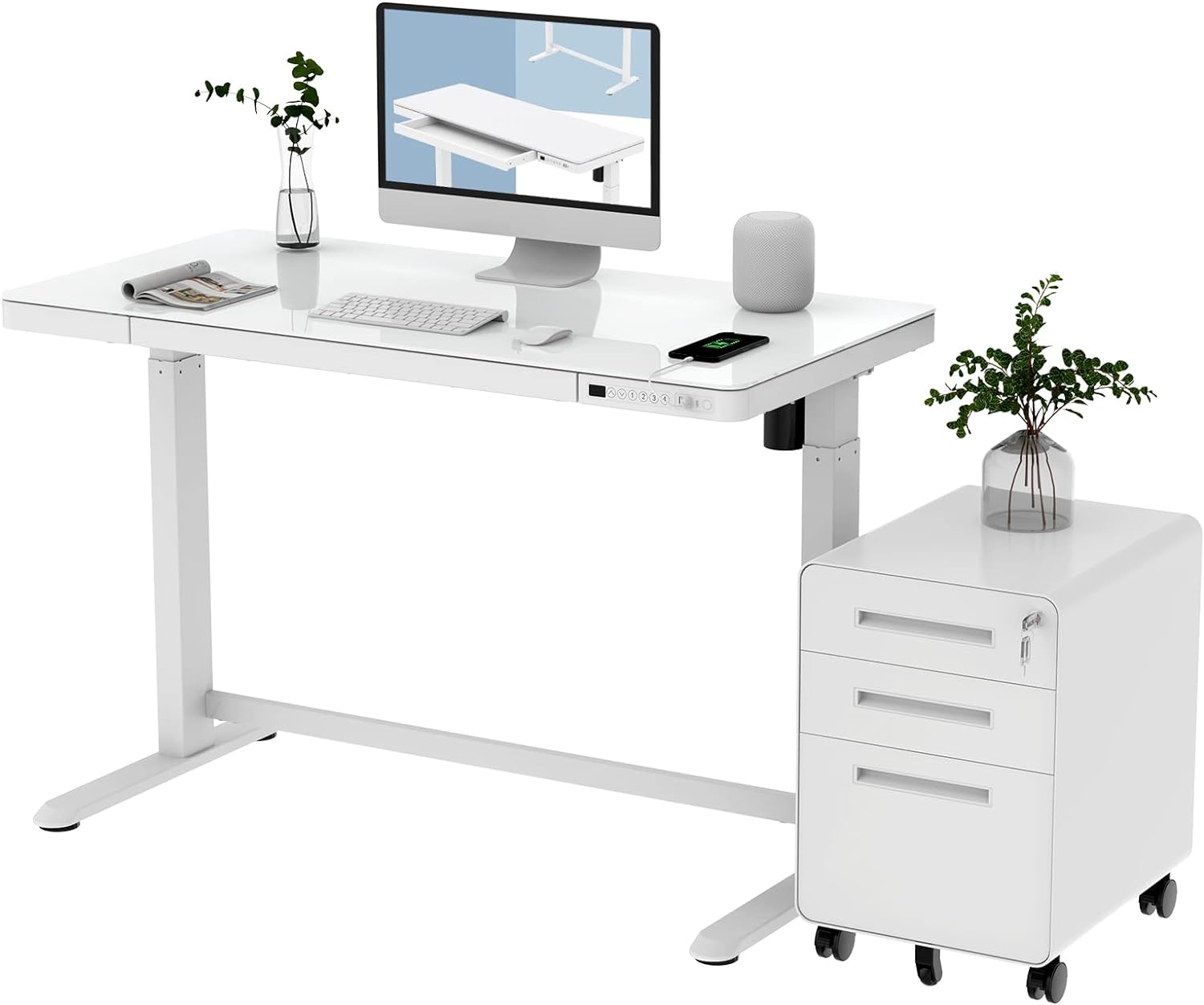 FLEXISPOT EG8 Glass Electric Standing Desk with White Cabinet 48 Adjustable Stand Up Desk Quick Install Home Office Table with Storage Drawer Charging USB Port (Tempered Glass + White Frame)