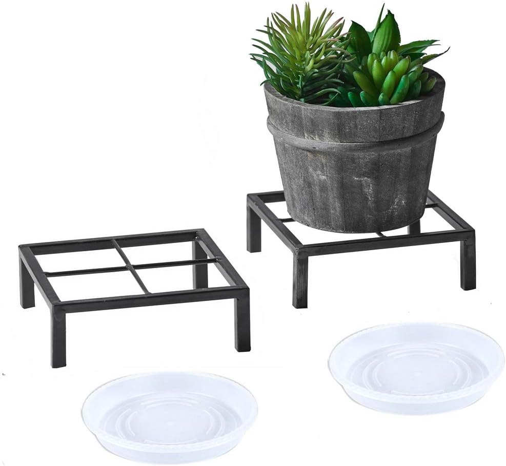 TenFuju 6 Small Metal Duty floor Potted Plant Stand Flower Pot Holder with Saucer Indoor Outdoor Rustproof Iron Garden Container Square Supports Rack for Planter ,2 Pack(back color )