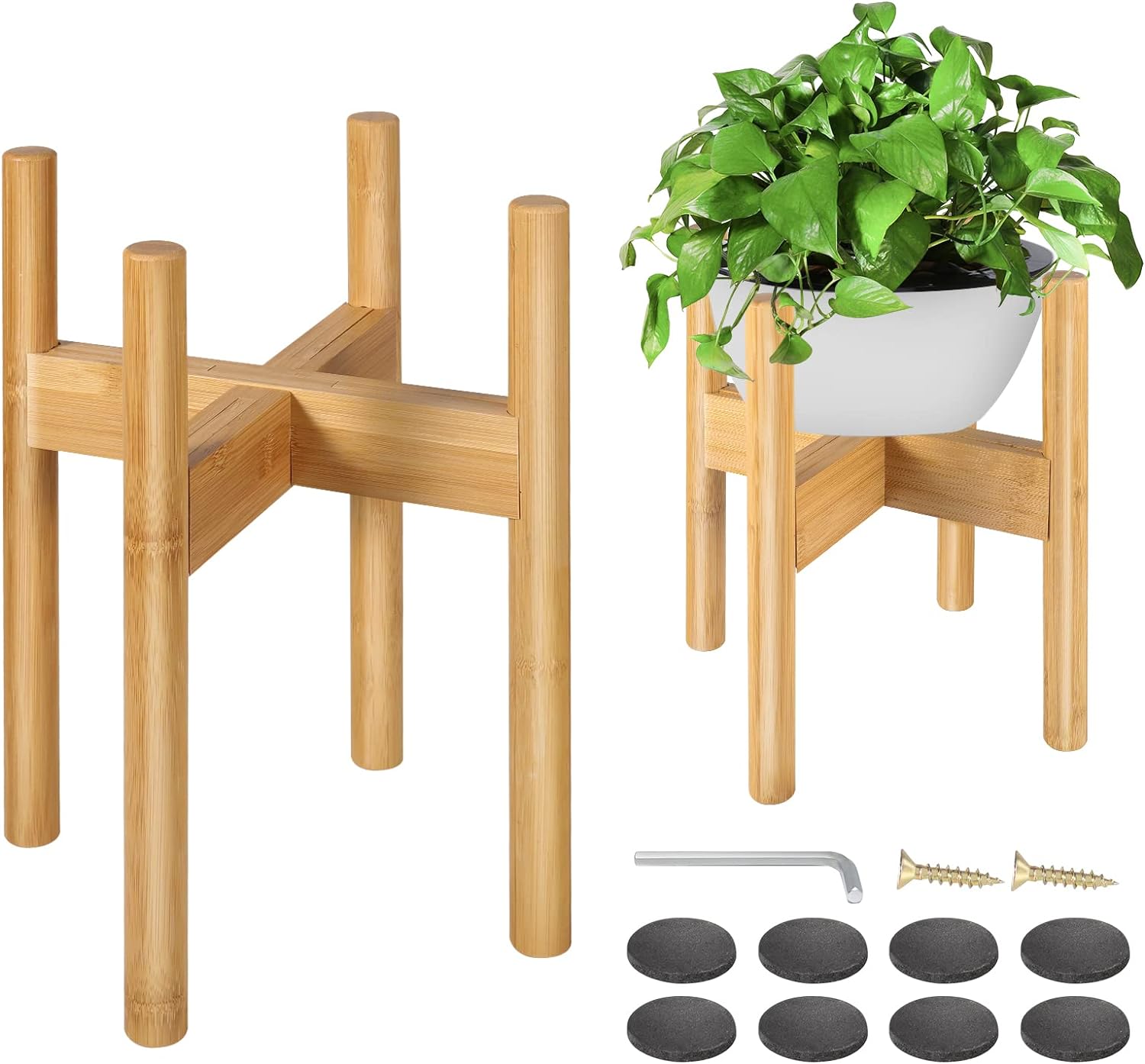 2 Pack Bamboo Plant Stands, Adjustable Plant Stand Indoor, Mid Century Modern Plant Stand, Plant Holder for Living Room, Balcony Fits 8 to 12 Inches Pots (Beige)