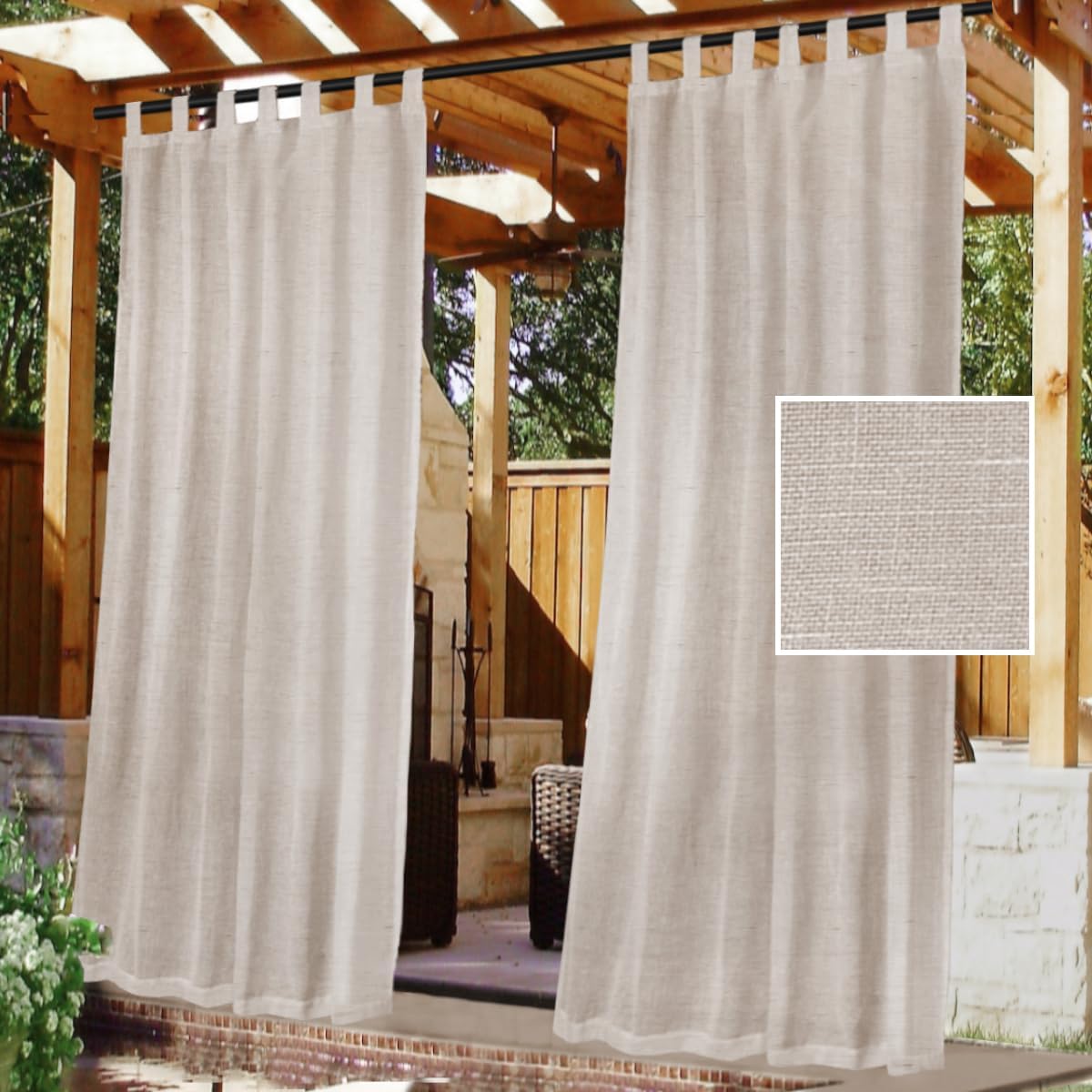 Outdoor Linen Sheer Curtains for Patio Waterproof - Indoor/Outdoor Divider Privacy Added Light Filtering Porch Decor with Detachable Self-Stick Tab Top for Gazebo/Cabana, Natural, 1 Piece, W52 x L84