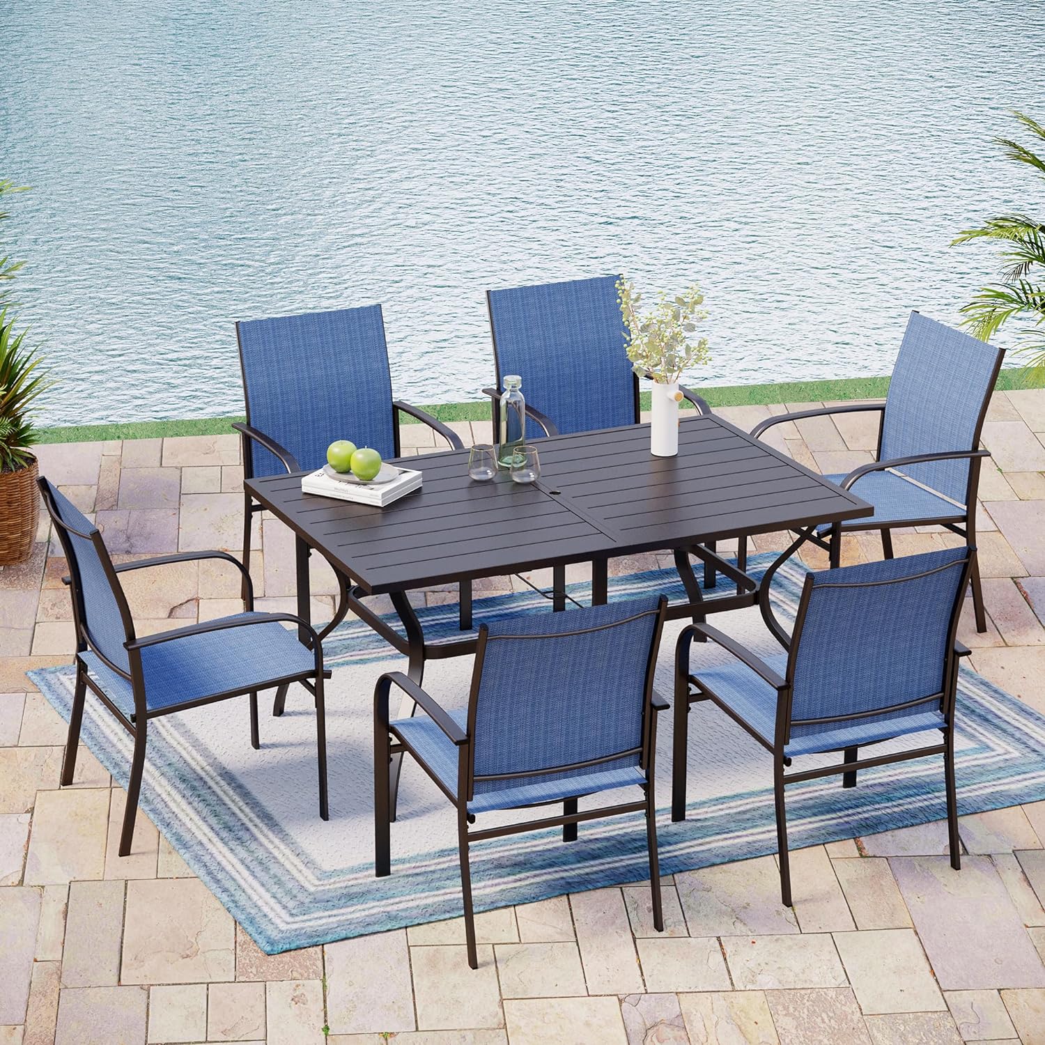 MIXPATIO Outdoor Patio Dining Set 7 Piece Furniture Set with 6 Blue Textilene Chairs and Metal Rectangular Table for Deck Garden Backyard Lawn Poolside