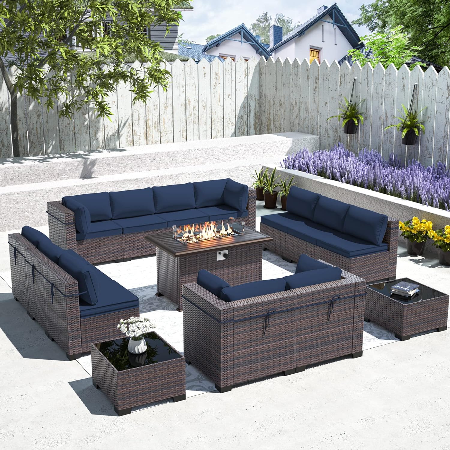 ASJMR Outdoor Patio Furniture Set with Gas Fire Pit Table, 15 Pieces Outdoor Furniture Set Patio Sectional Sofa w/43in Propane Fire Pit, PE Wicker Rattan Patio Conversation Sets - Navy