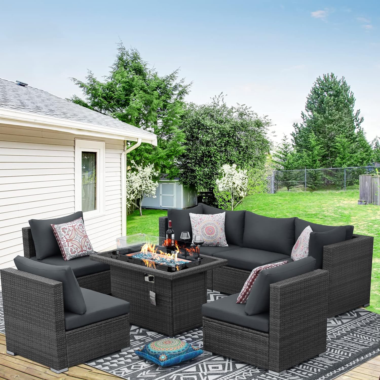 BULEXYARD Grey PE Wicker Patio Furniture Sectional Conversation Sofa Set with 43 Propane/Natural Gas Fire Pit Table, Large Size High Back Outdoor Furniture Set with Fireplace(7Pcs-A, Dark Grey)